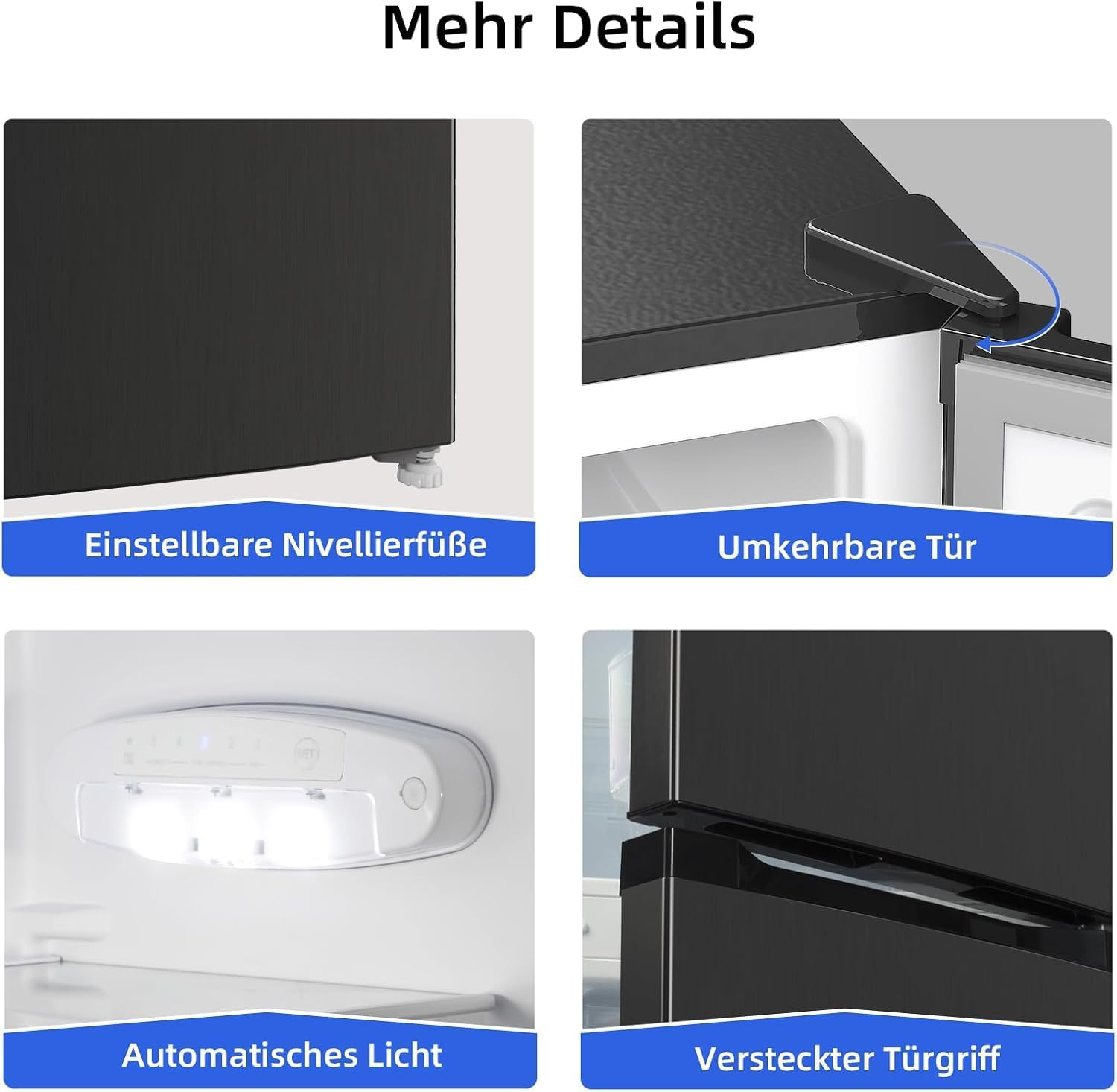 CHIQ Freistehender Kühlschrank mit Gefrierfach 157L (109L/48L) | Auto-Drain, 4-Sterne-Gefrierschrank | 47 cm B | LED Licht, Flexible Anpassung, Türausrichtung Wechselbar | Schwarz Inox