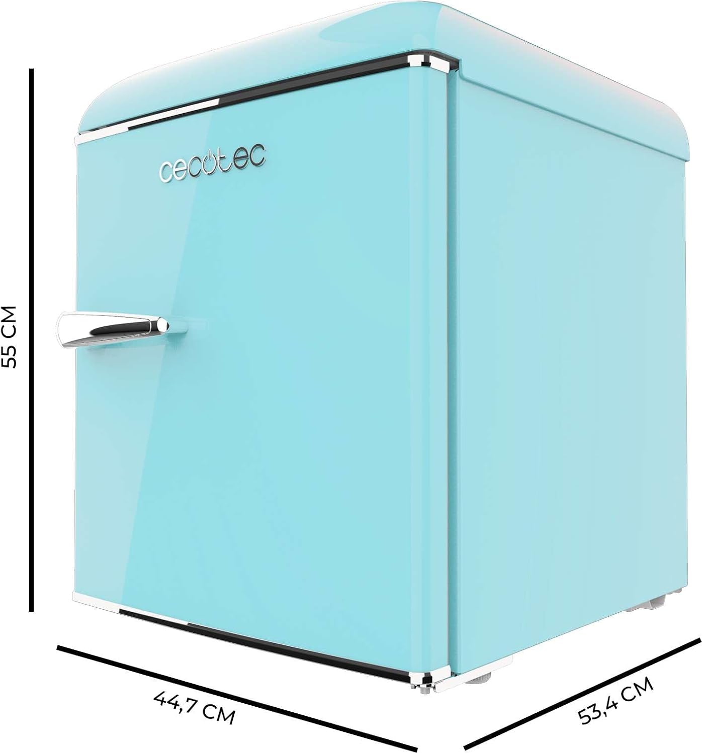 Cecotec Mini Fridge Retro Table Top 45L Bolero CoolMarket TT Origin 45 Blue. 55 cm High and 44.7 cm Wide, Energy Class E, Icebox and Handle Chrome, Blue