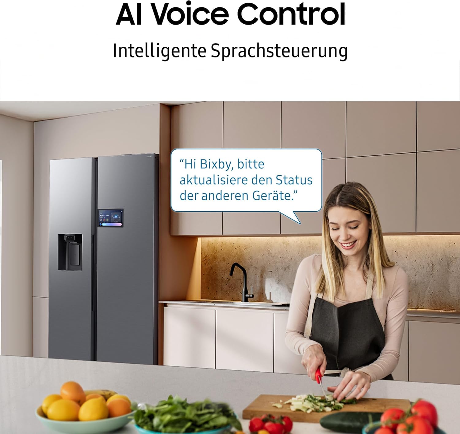 RS90F65EDTEF Side-by-Side Kühl-Gefrierkombination, AI Kühlschrank mit Gefrierfach, 178 cm, 621 l, Eis-/Wasserspender mit Wassertank, AI Home, Voice Control, Edelstahl Look