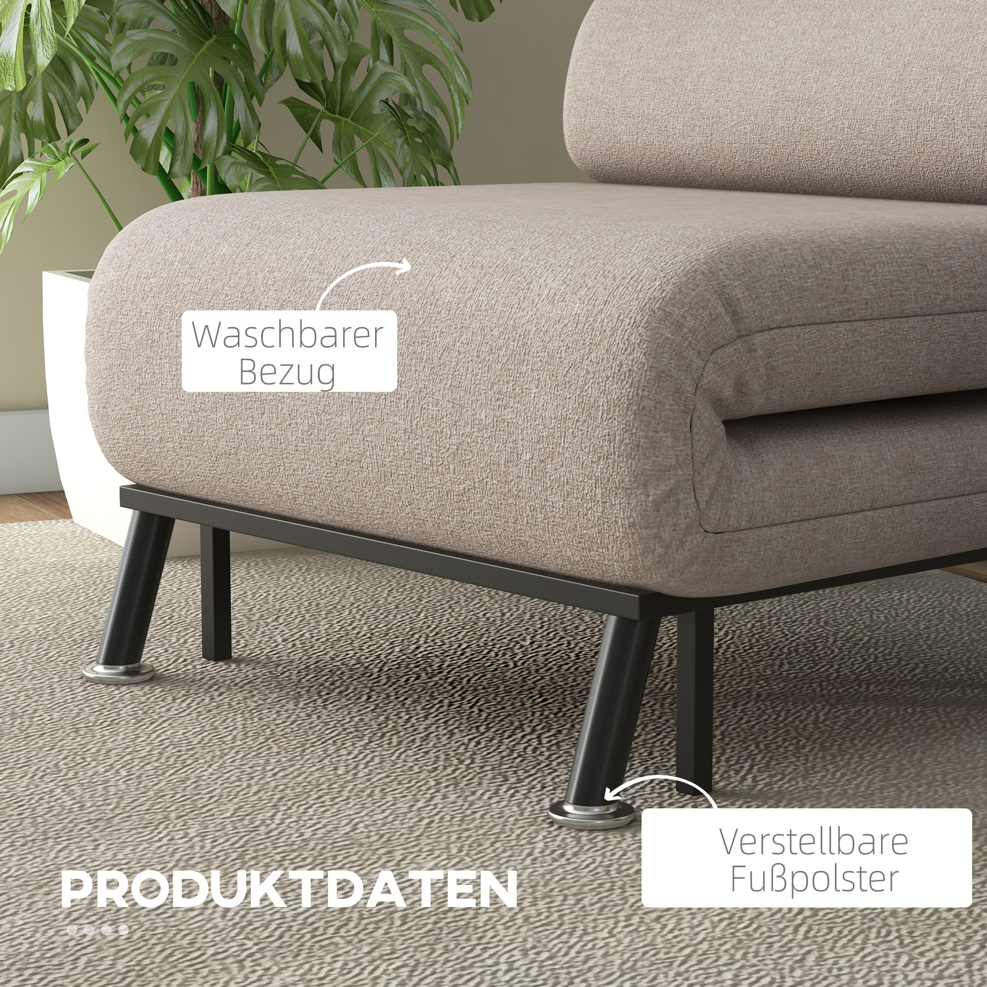 Opklapbare Stoel met Slaapfunctie, Opvouwbare Relaxstoel in Linnenlook, Verstelbare Rugleuning, 75 x 70 x 75 cm, Beige
