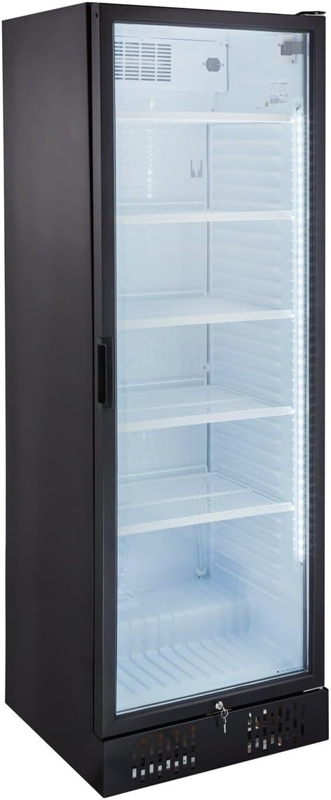 GastroHero Getränkekühlschrank Profi 382 für die Gastronomie, Made in Europe, 4 verstellbare Einlegeböden, 382 Liter Kühlraumvolumen, Kühlschrank mit Glastür, Abschließbar, Gastronomiebedarf, Schwarz