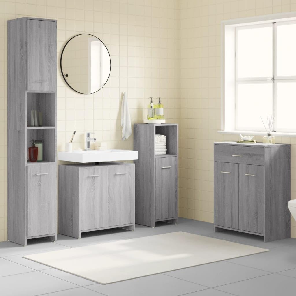 vidaXL Badmöbel Set 4 TLG., Badezimmermöbel mit Hochschrank Waschbeckenunterschrank Midischrank, Badschrank mit viel Stauraum, Waschtischschrank Badezimmermöbel, Grau Sonoma Holzwerkstoff