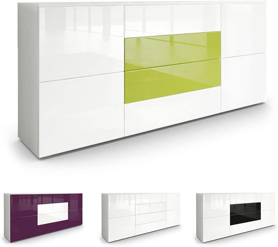 Vladon Sideboard Rova, Made in Germany, Kommode mit 4 Türen und 4 Schubladen, Weiß matt/Weiß Hochglanz/Beton Oxid Optik (166 x 72 x 35 cm)