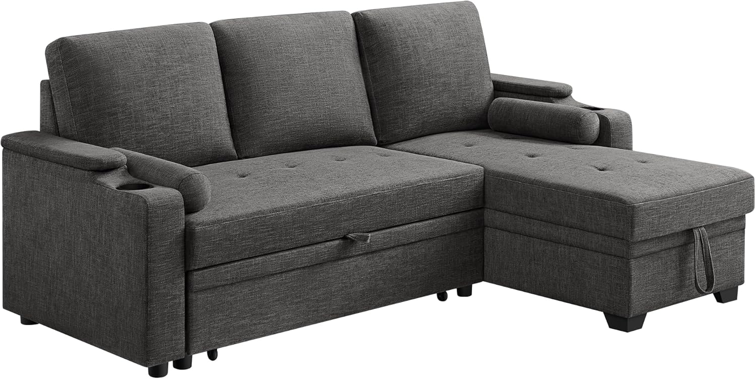 VASAGLE Schlafsofa, Schlafcouch, Bettsofa mit Stauraum, Polstermöbel, Bezug aus Baumwoll-Leinen-Mischgewebe, Becherhalter, modern, Gästezimmer, grau LCS801G01