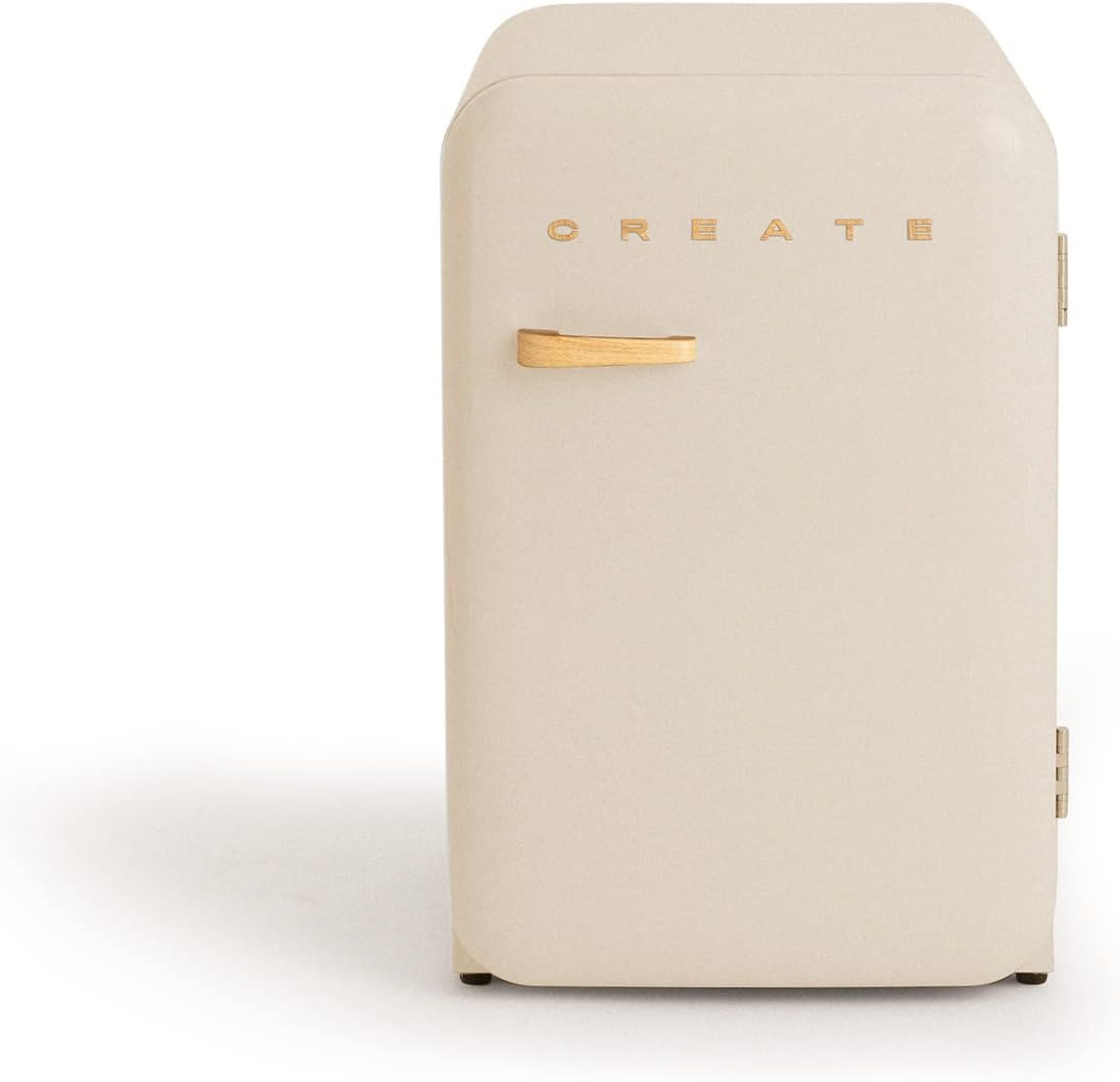 CREATE / RÉTRO FRIGO 83.5 ARGENT/Réfrigérateur blanc cassé avec poignée en bois / 98W, basse consommation, 2 étagères, régulateur de température, porte-bouteilles, 56x54x84cm.