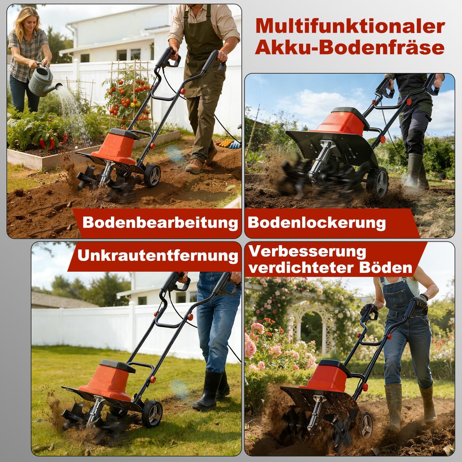 1500W Elektro Motorhacke Gartenfräse, Bodenfräse 400 mm Arbeitsbreite,220 mm Arbeitstiefe elektrische Bodenhacke Motorhacke,24 Messer zum Boden auflockern,Für Garten, Rasen und Beet