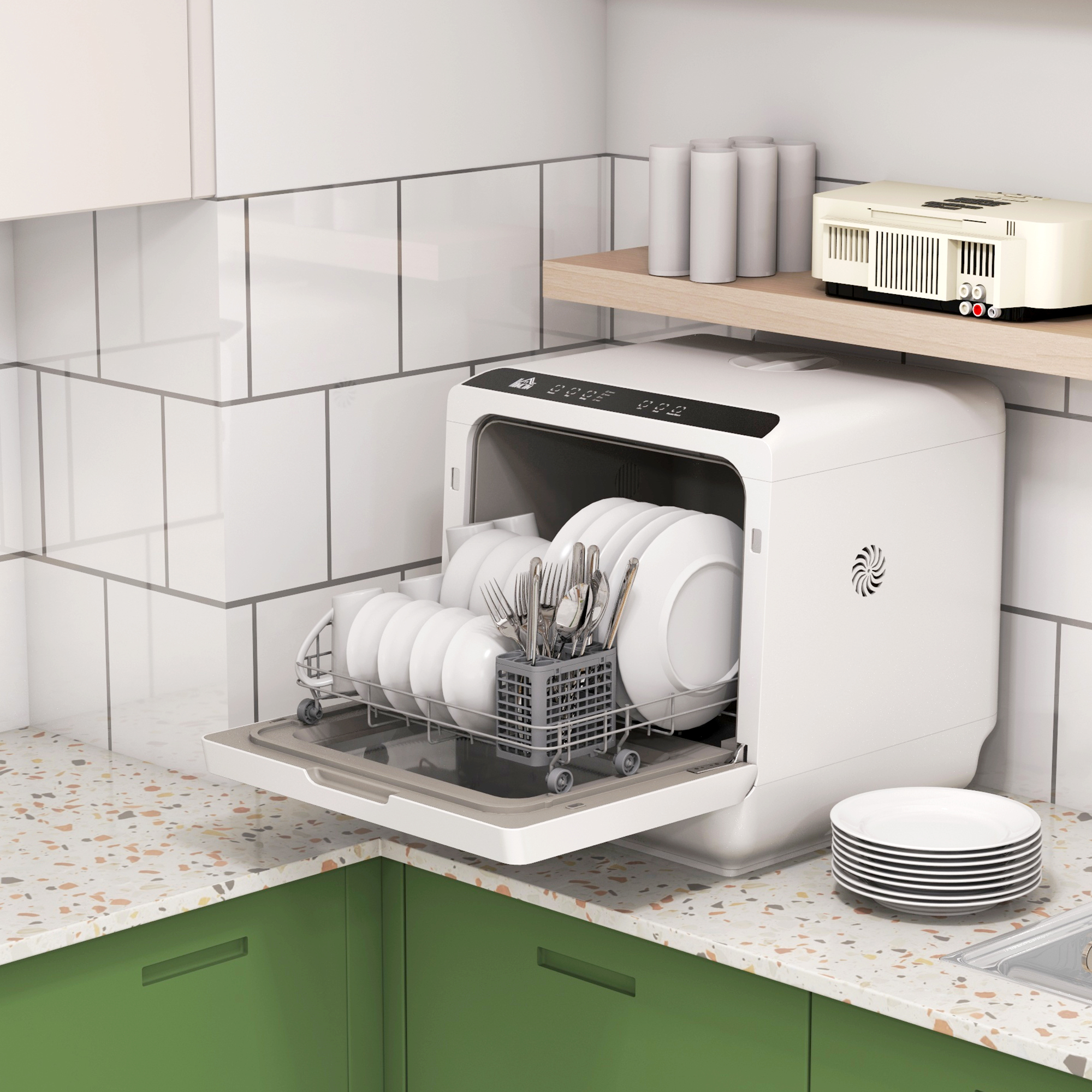 Compacte Tafelvaatwasser, 4 Couverts, Droogmodus, 6L Tank/Kraan, Startuitstel, LED, Wit