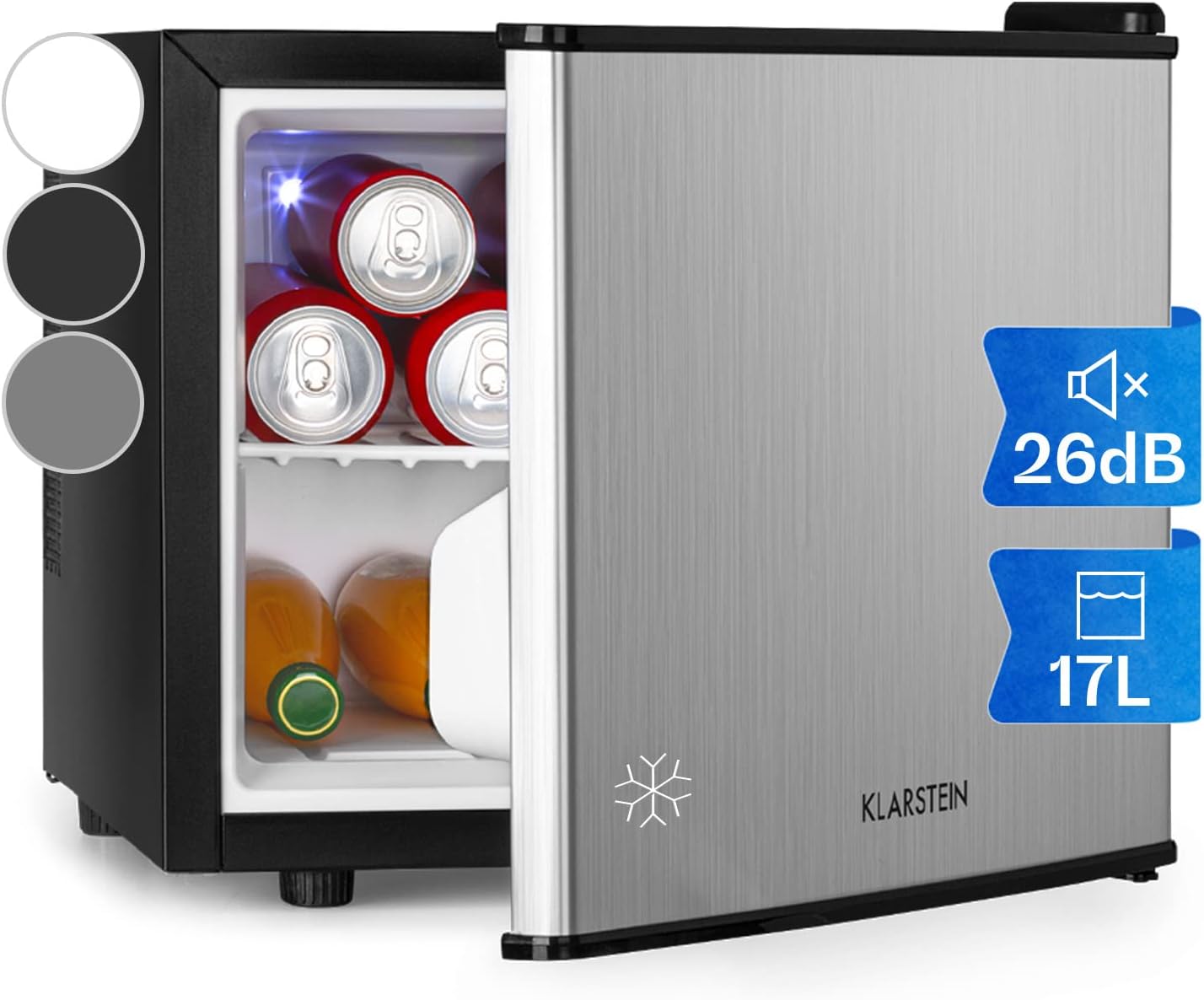 KLARSTEIN Mini Frigo de Chambre pour Boissons, Silencieux, Mini Bar Intérieur, Bières, Vins, Petit Refrigerateur Camping, 3 Niveaux de Refroidissement, Frigo Cosmetique, 0-15°C, 17L