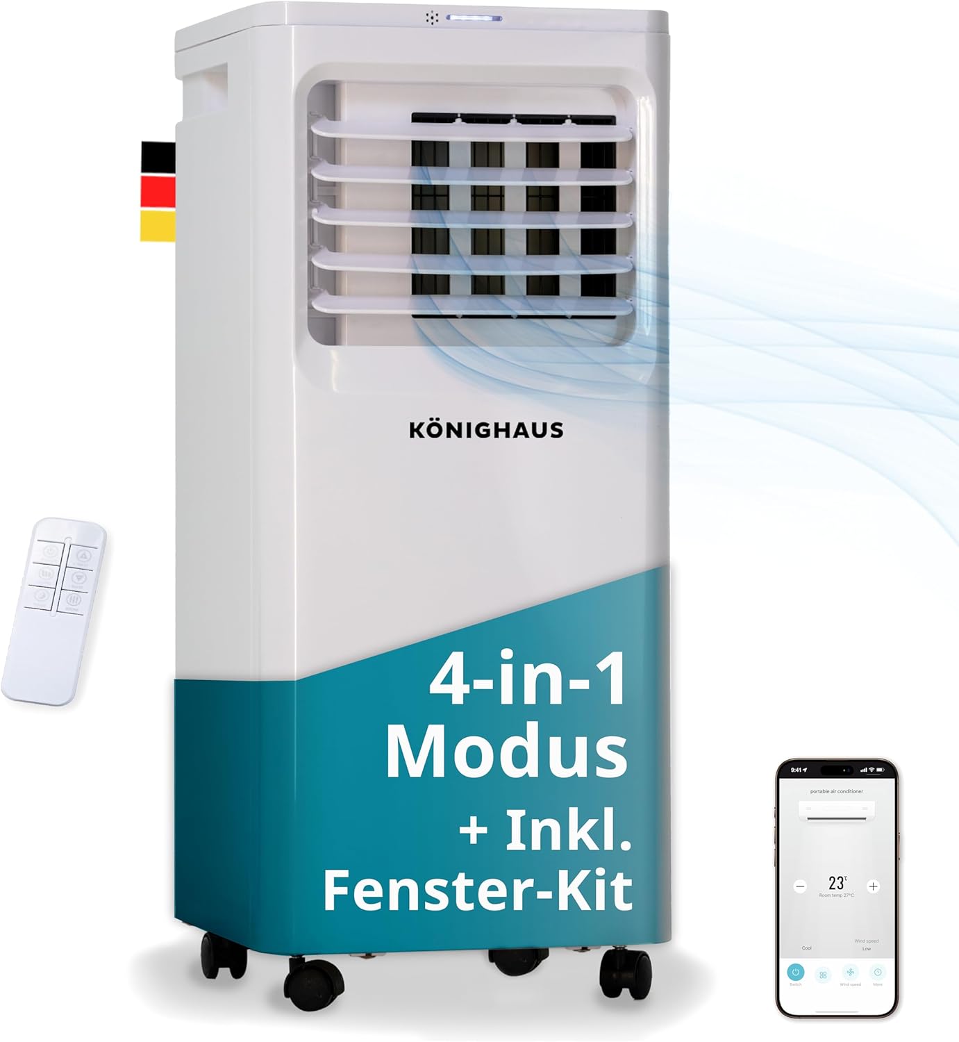 Könighaus Smarte Mobile Klimaanlage | Schnell & Leise & Effizient (A) | 4-in-1: Kühlung + Entfeuchter + Ventilator + Luftreiniger | mit Fernbedienung | 7000 BTU (2,1 kW) | 24 h Timer, Sleep-Mode