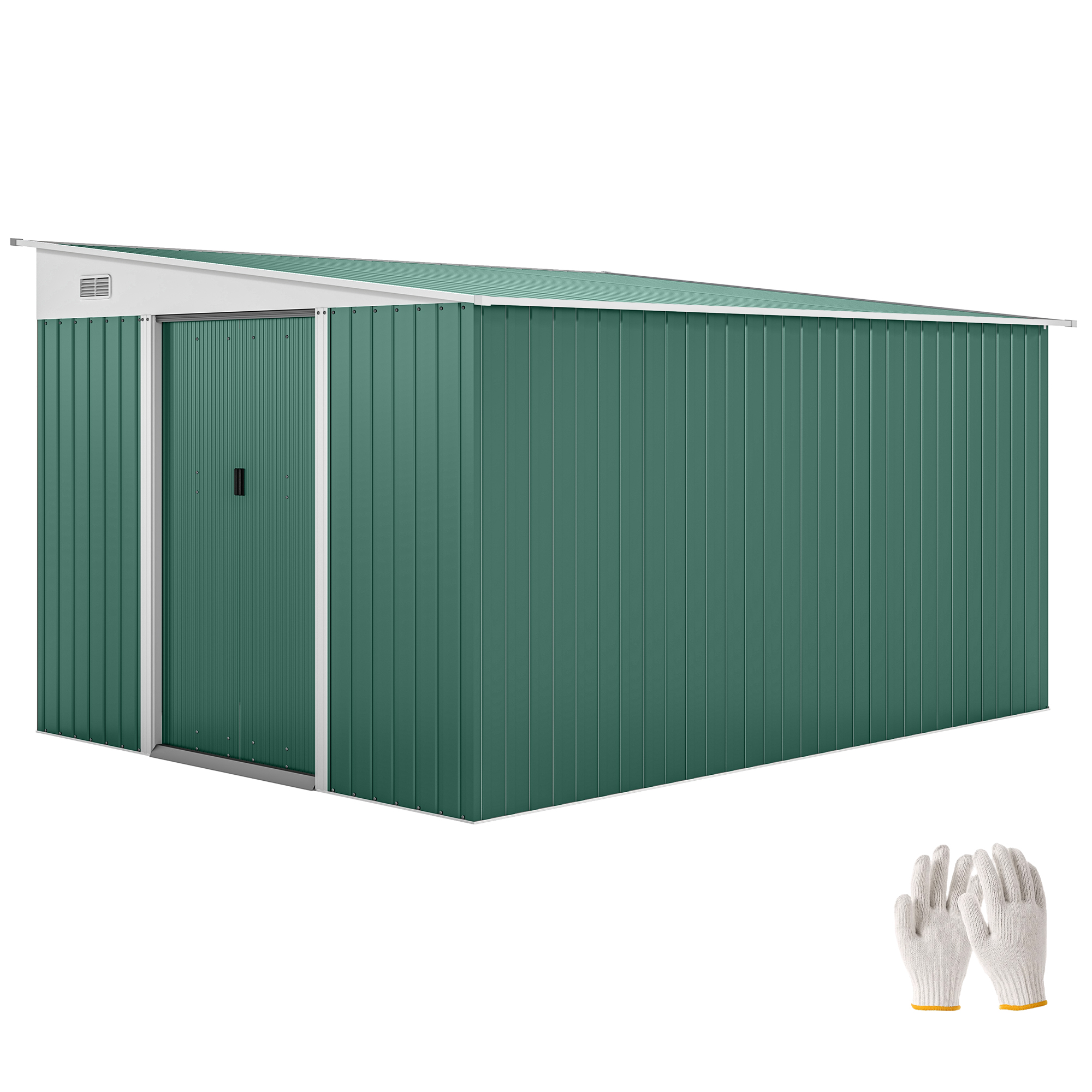 Metalen Tuinschuur Schuin Dak Afsluitbare Dubbele Deur 2,8 x 3,45 x 2,01m Groen