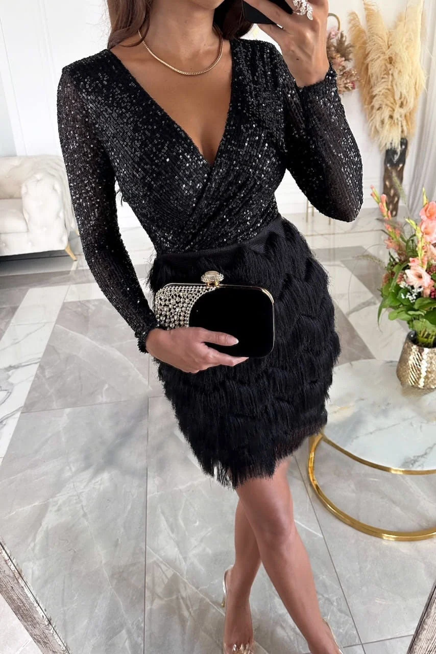 Damen Glitzer Minikleid mit Fransen | Langarm Partykleid f��r Events & Cocktailabende | Figurbetontes festliches Kleid