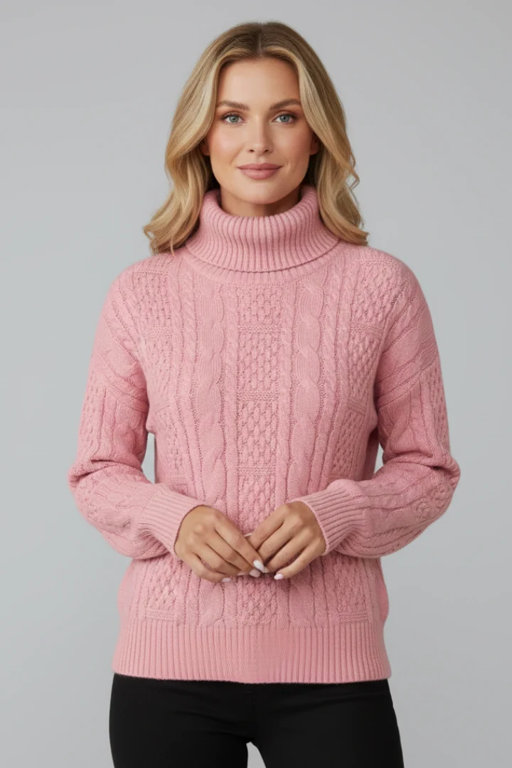 Damen Strickpullover mit Zopfmuster und Rei?verschluss am Kragen | Klassischer Troyer Pullover mit geradem Saum
