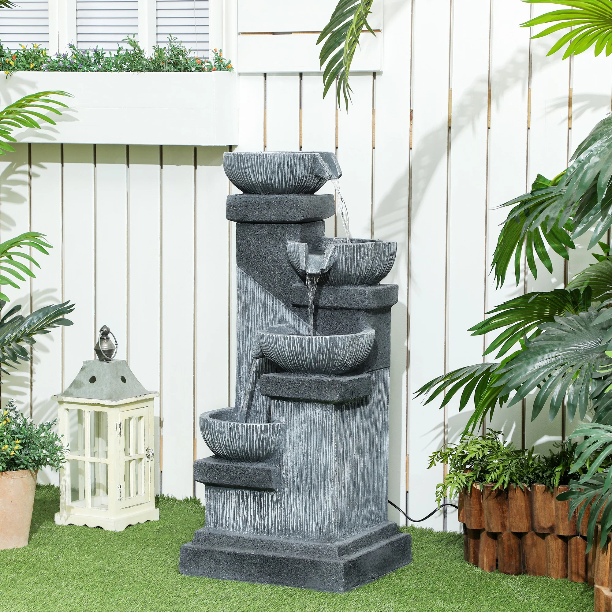 Outsunny 85 cm Outdoor Fontein, 4-Verdiepingen Sierfontein, Kunstmatige Waterval met LED-verlichting en Pomp, Grijs