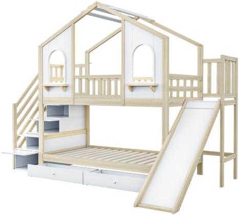 Kinderbett Etagenbett 90x200, Hochbett Hausbett mit Rutsche&Aufbewahrungsleiter&2 Schubladen&Fenstern&Dach, Stockbett Doppelbett Holzbett mit Lattenrost&Rausfallschutz, Kiefer,Ohne Matratze,Holzfarbe