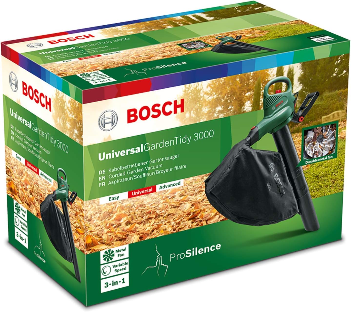 Bosch elektrischer Laubsauger/Laubblser UniversalGardenTidy 3000 (3000 W, Fangsack 50 l, stufenlose Drehzahleinstellung, zum Blasen, Saugen und Hckseln von Laub, in Kartonverpackung)