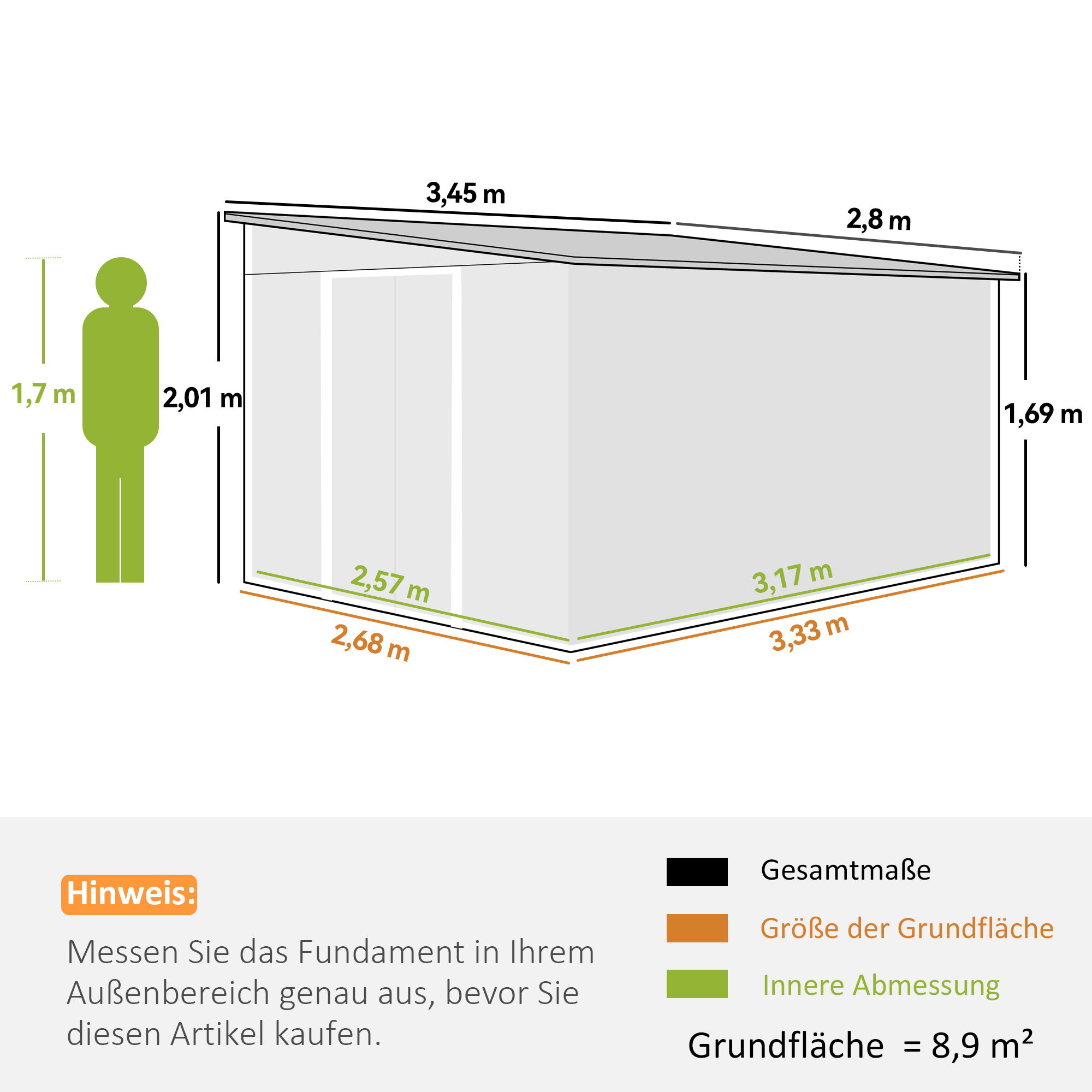 Metalen Tuinschuur Schuin Dak Afsluitbare Dubbele Deur 2,8 x 3,45 x 2,01m Groen