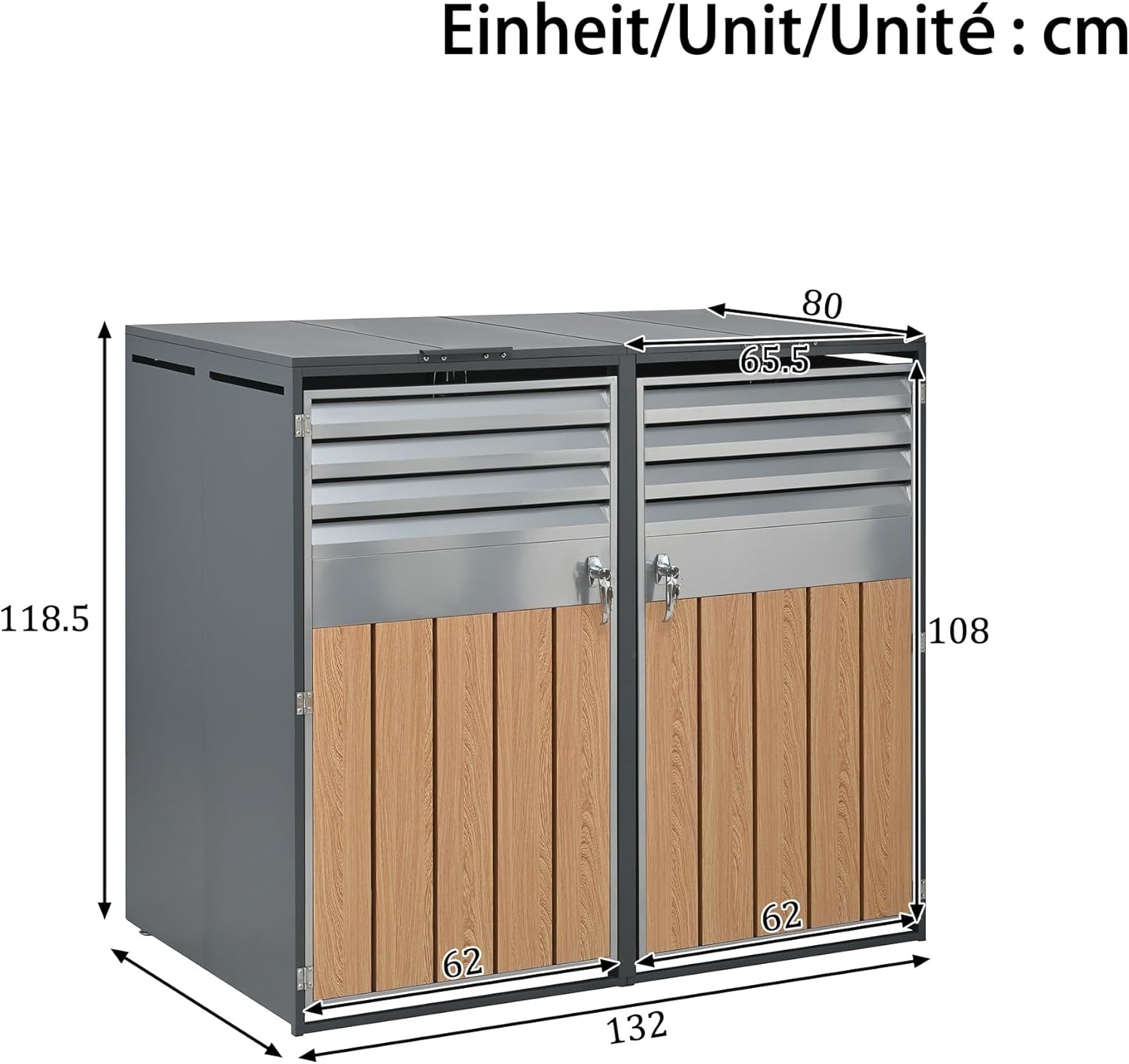 Mülltonnenbox 4Er für 4 Mülltonne Bis 240L mit Klappdeckel, Lüftungsöffnung Mit Lamellen, Trash Storage Compartments,Abschließbar, Zwei Türen, Garten Müllbox, Mülltonnenverkleidung,4 Bin