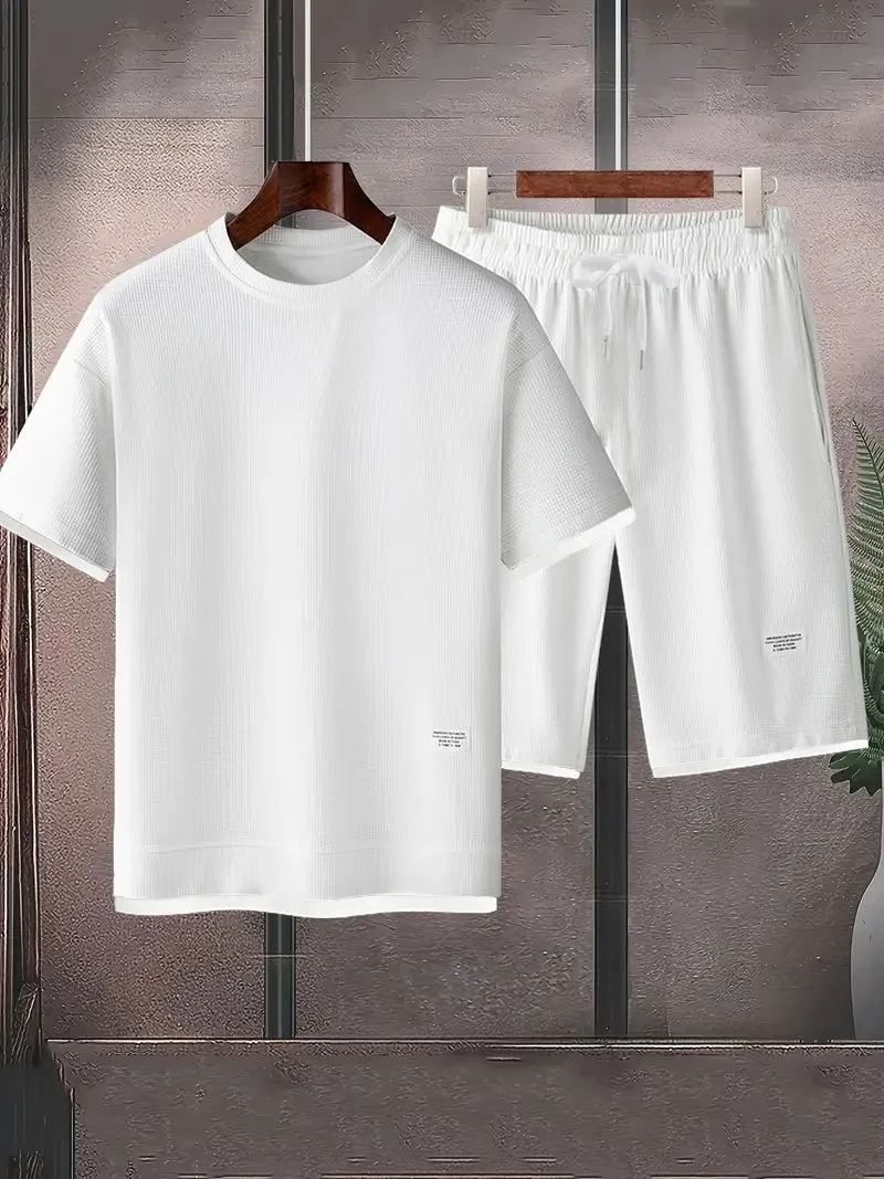 Waffelstrick Set f��r Herren | Kurzarm T-Shirt und Shorts Zweiteiler | Atmungsaktives Freizeit-Set mit Kordelzug | Relaxed Fit