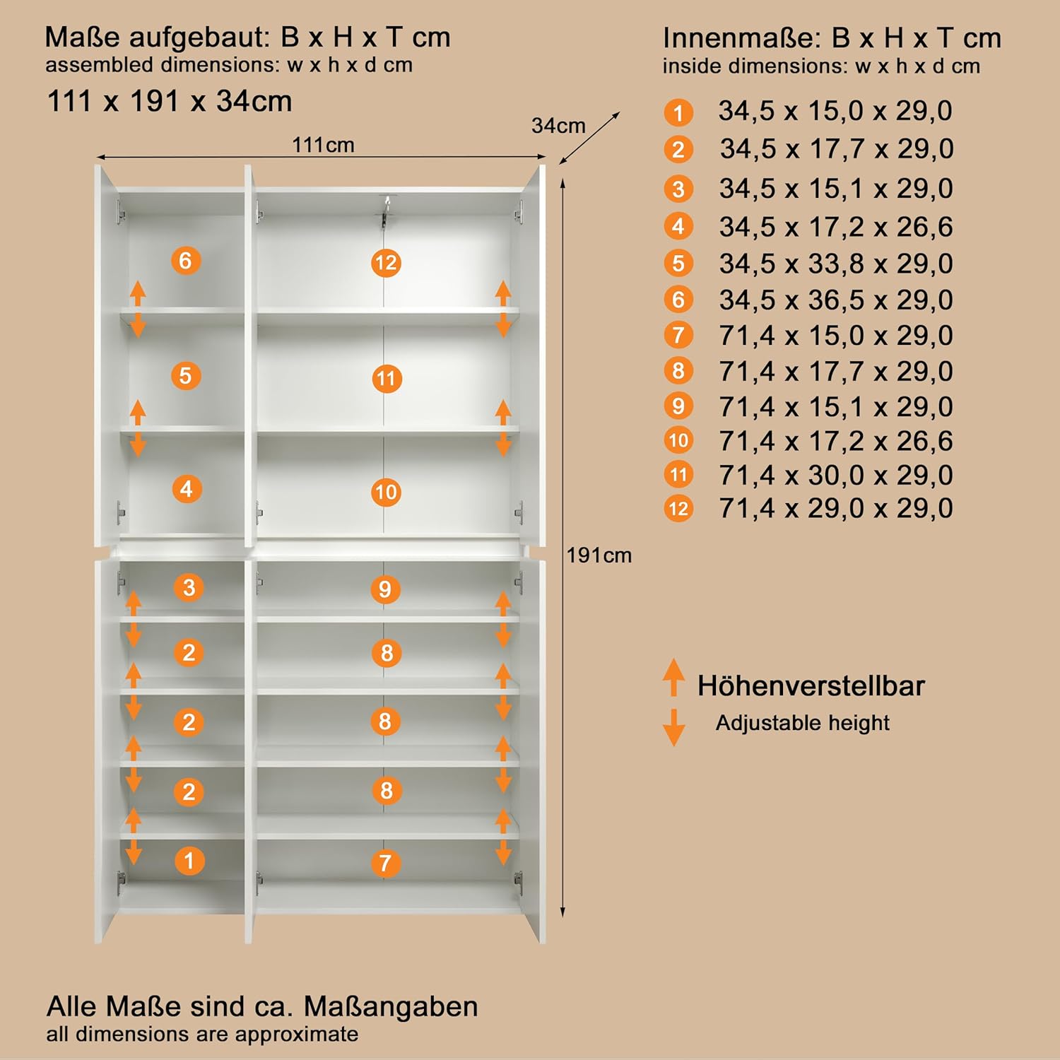 trendteam smart living - Nevada - Mehrzweckschrank - Weiß - Schrank mit 6 Türen, 12 Einlegeböden und 1 Kleiderstange - (BxHxT) 111 x 191 x 34 cm - grifflose Türen