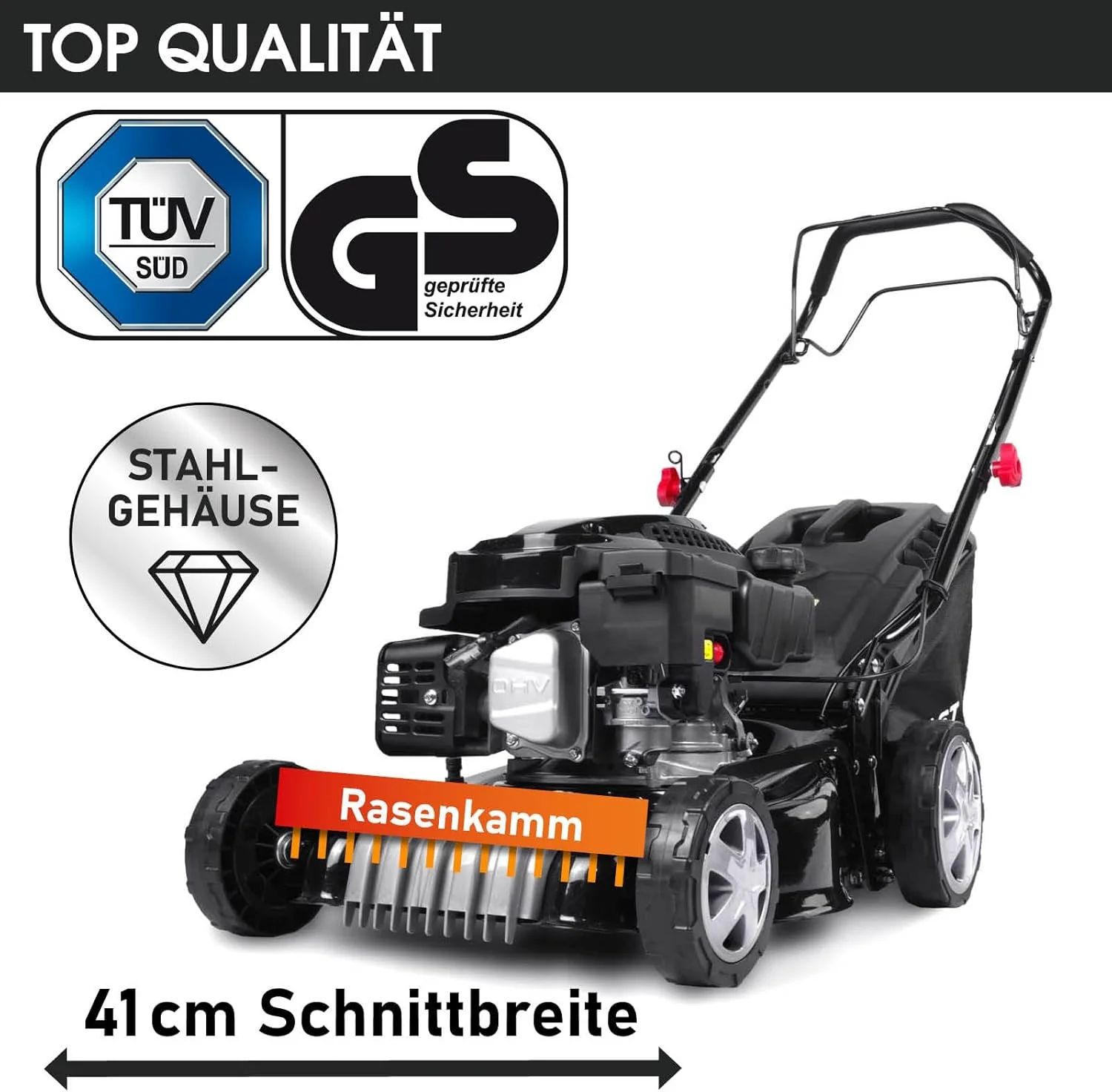 BRAST Benzine grasmaaier met aandrijving | 3,0 kW (4,1 pk) | Elektrische start | 41 cm maaibreedte | vele modellen | T��V | 4-takt OHV-motor | 25-75 mm maaihoogte | 40 L opvangbak | Stalen behuizing | 16145 Estart