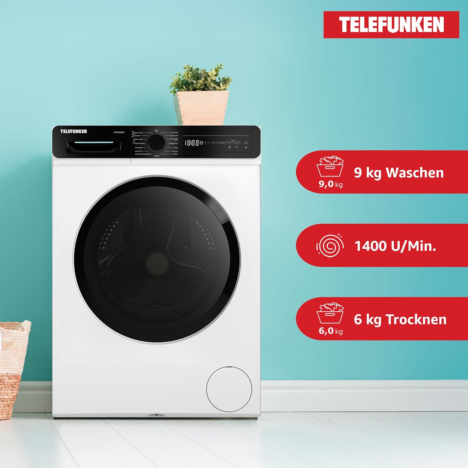 Telefunken Waschtrockner, 9 kg Waschen / 6 kg Trocknen, Waschmaschine mit Trockner integriert, 1400 U/Min, Frontlader Waschtrockner Kombi, Inverter Motor, AquaStop, 15 Programme, Energiesparend, Weiß