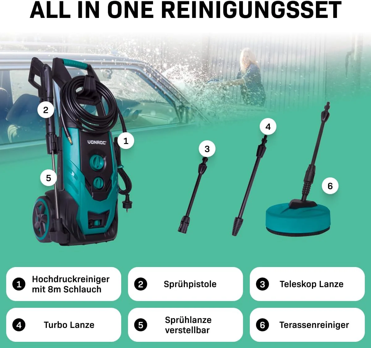 VONROC Professionele hogedrukreiniger 195bar - Gevelreiniger voor zware reinigingswerkzaamheden [2500W] - Hoge wateropbrengst [468 l/u] Reinigingstank, Aluminium Pomp - incl. Terrasreiniger