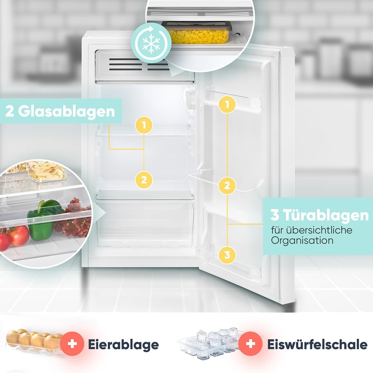 Bomann® Kühlschrank mit Frostfach | 83 Liter | energieeffizient, leise & kompakt | 0°C - 8°C, stufenlos regelbar | 2 Ablagen & Gemüsefach | LED Beleuchtung | Türanschlag wechselbar | KS 7257 weiß