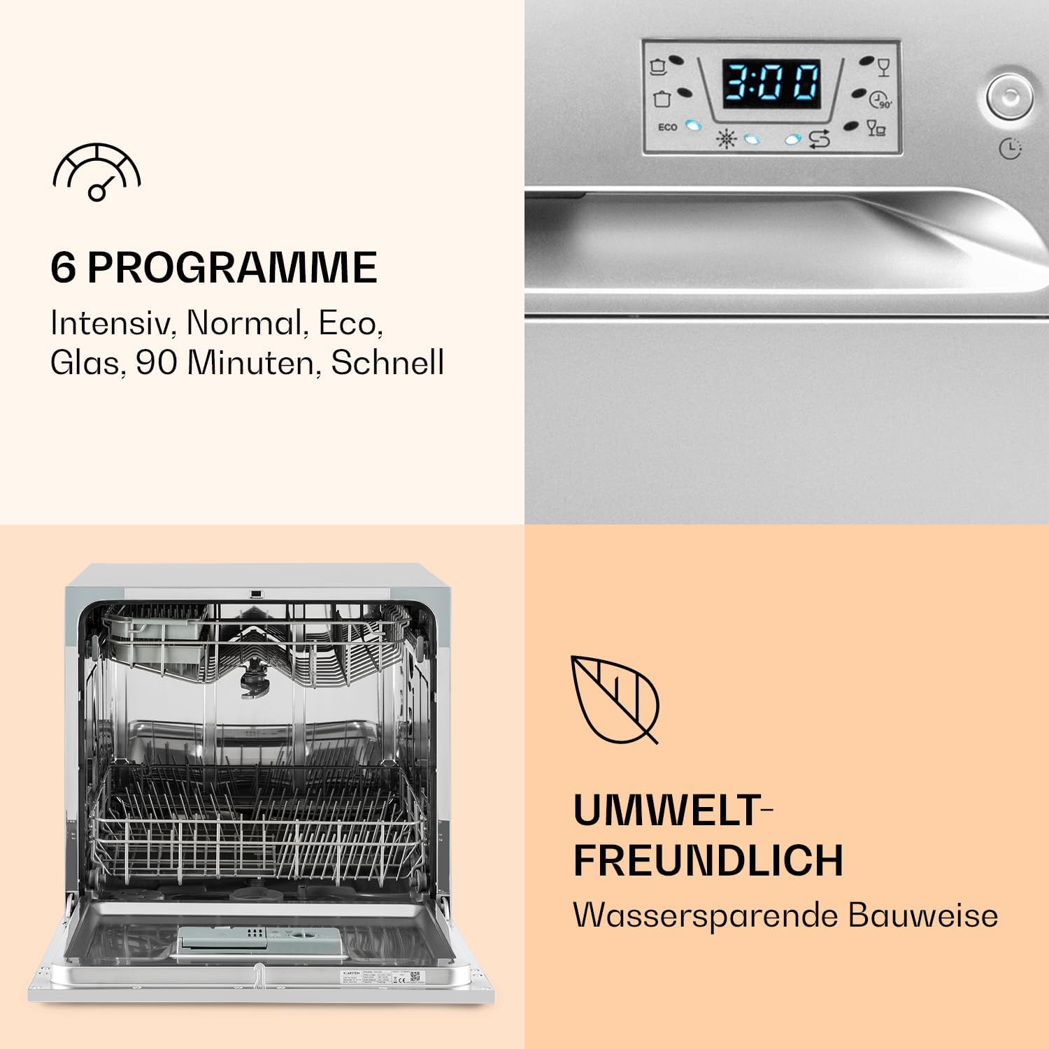 Klarstein  ia 8 - Spülmaschine, Geschirrspüler, Freistehend, Teilintegriert, F, 55 cm breit, 8 Maßgedecke, 6 Programme, Aquastop, silber