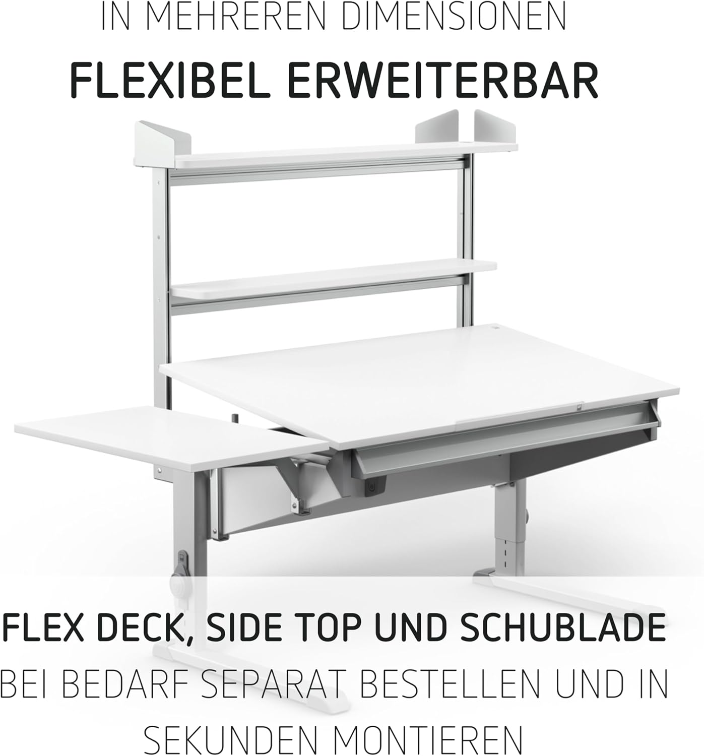 Moll Sprinter Kinderschreibtisch höhenverstellbar | mitwachsend, ergonomisch & neigbar für aufrechtes Sitzen | ideal für Schulkinder | Schreibtisch weiß optional mit Schublade | Made in Germany