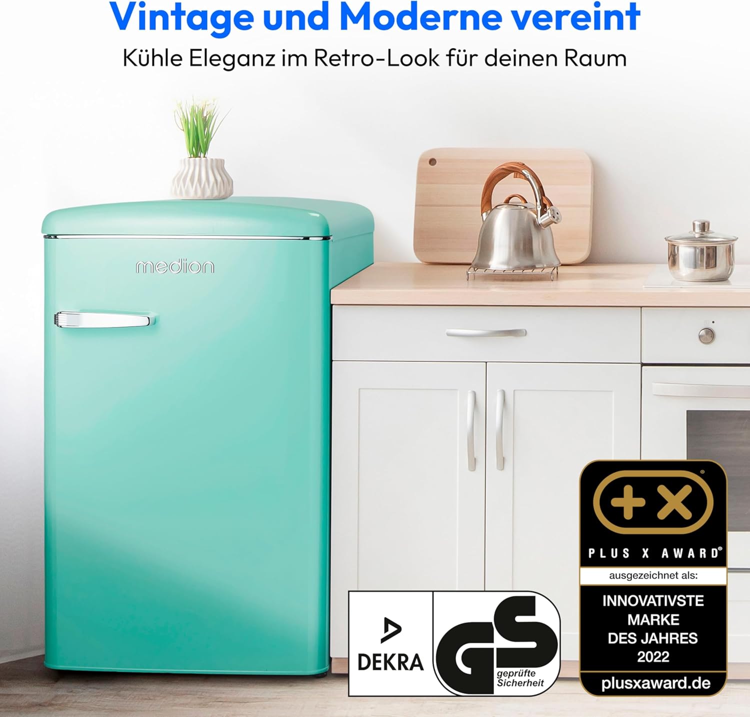 MEDION Retro Kühl-Gefrierkombination (95L Kühlschrank, 13L 4 Sterne Gefrierfach, 108 Liter Nutzinhalt, LED Innenbeleuchtung, Stufenlose Temperaturregelung, MD 37790) grün