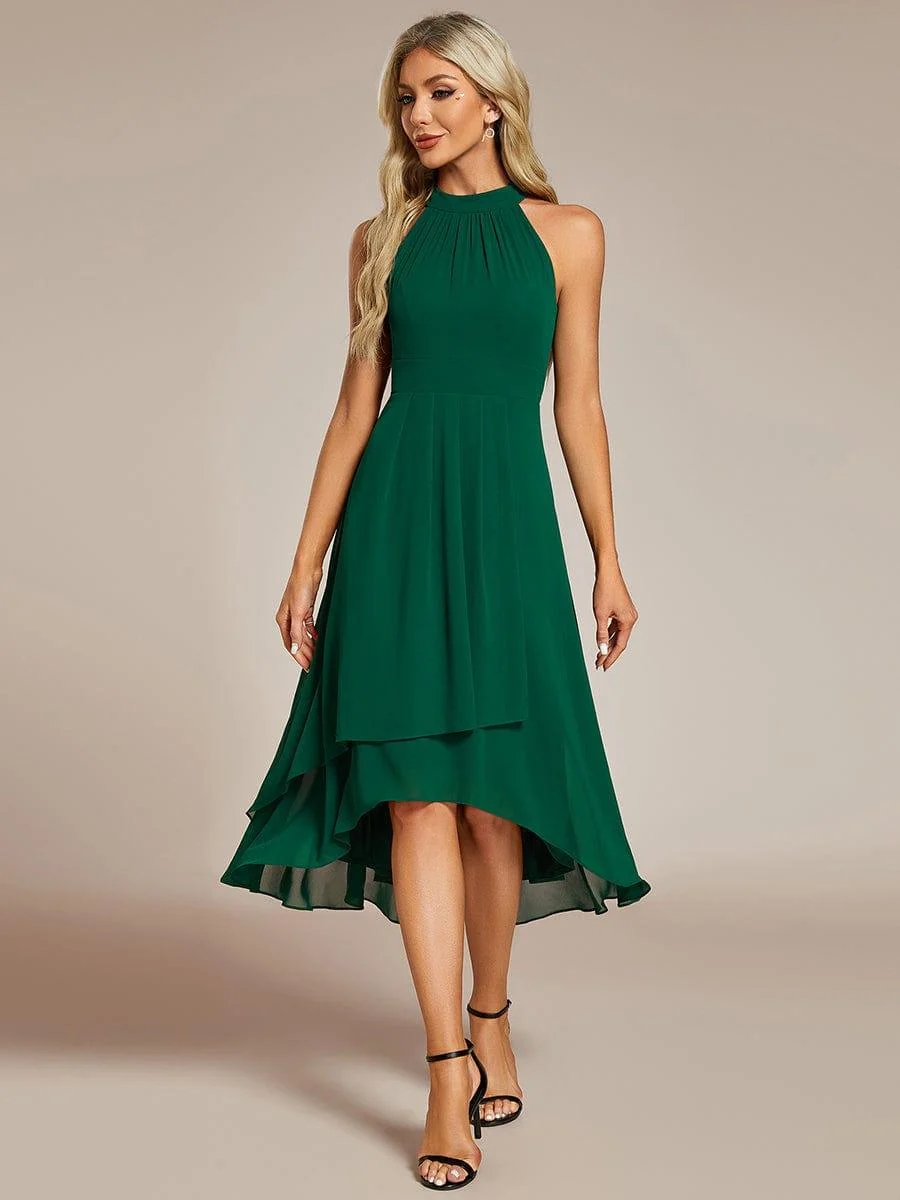 Damen Chiffon Midi-Kleid in A-Linie | Festliches Halterneck Kleid mit Plissee-Details | Sommerliches Kleid f��r Hochzeitsg?ste