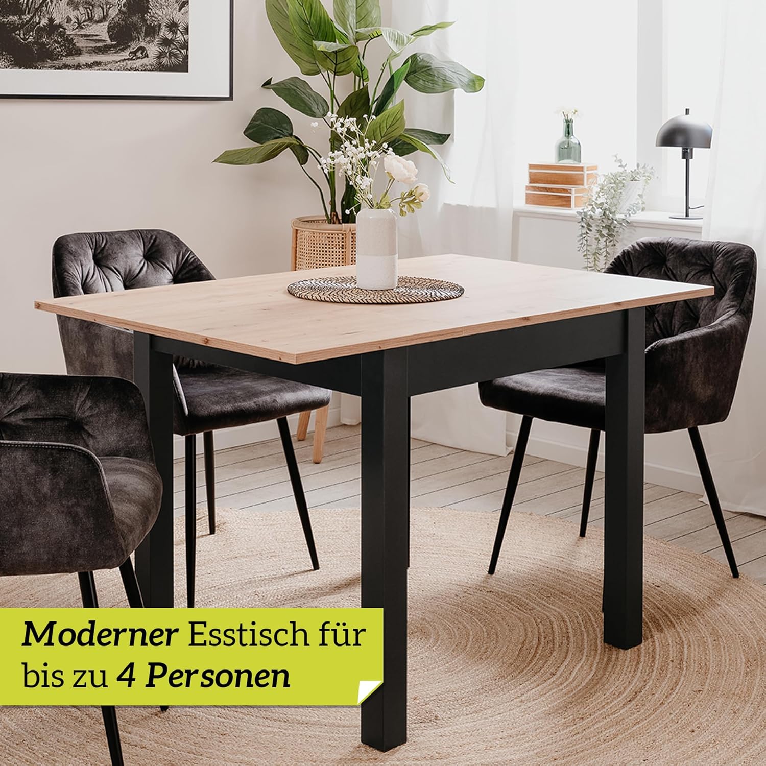 smart Esstisch 80x80 cm Asteiche, Küchentisch ausziehbar bis 120 cm, Esszimmertisch aus Holzwerkstoff inkl. erweiterbare Auszugsplatte, moderner Tisch für bis zu 6 Personen