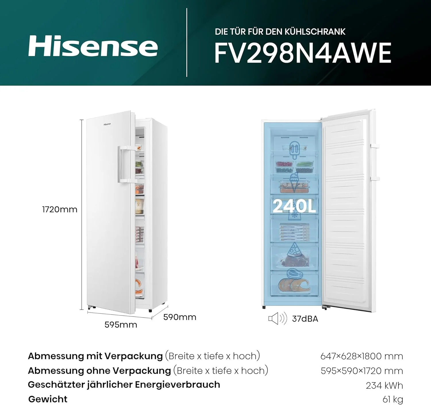 Hisense FV191N4AW2 Vriezer/ TotalNoFrost/ SuperFreeze/ Deuralarm/ Multiflow 360��/ BigBox/ 143,4 cm/ Vriesgedeelte 147 l/ 41 dB/ 205 kWh/Wit