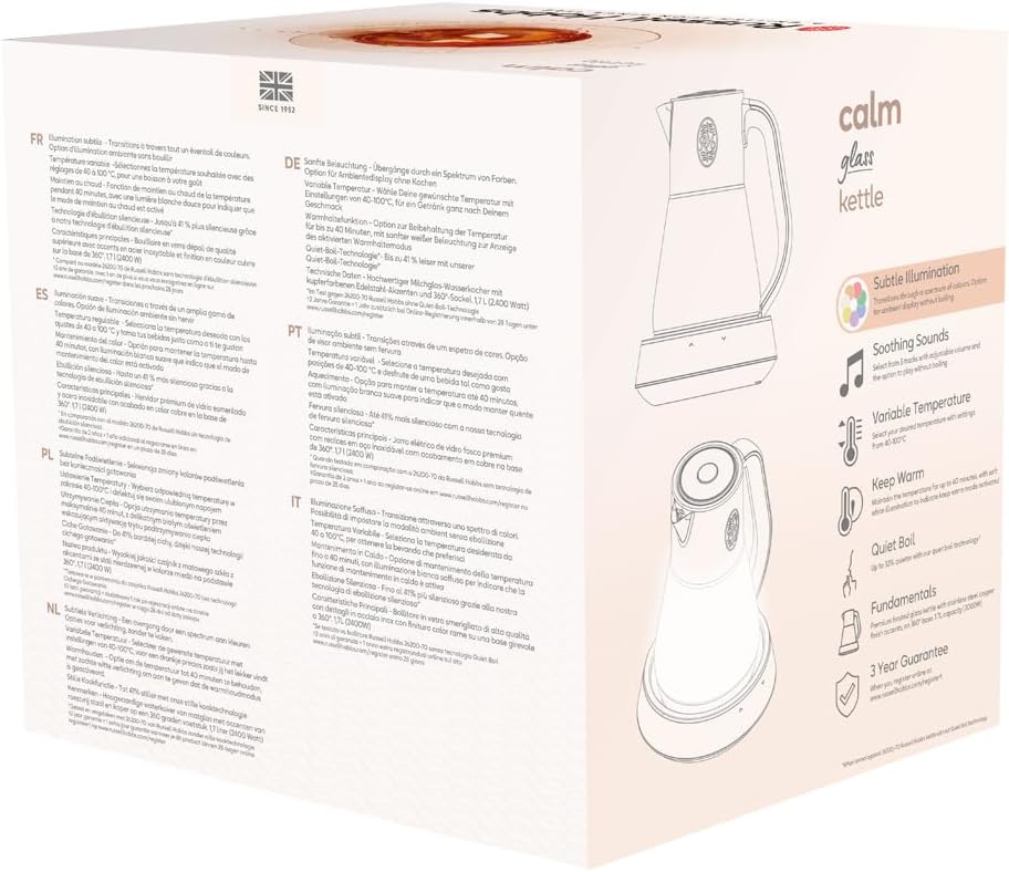 Russell Hobbs Wasserkocher Glas [1,7L, Temperatureinstellung 40-100°] Calm (LED-Beleuchtung, beruhigende Klänge, Leise-Koch-Technologie,Warmhaltefunktion,Digitaldisplay,Touch-Bedienung,2400W) 27450-70