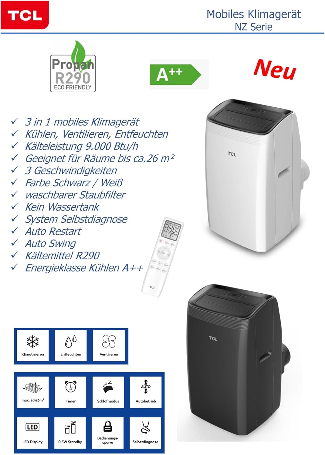 TCL WHITE 9000 BTU Klima 2,6 kW mobiles Klimagerät mobile Klimaanlage