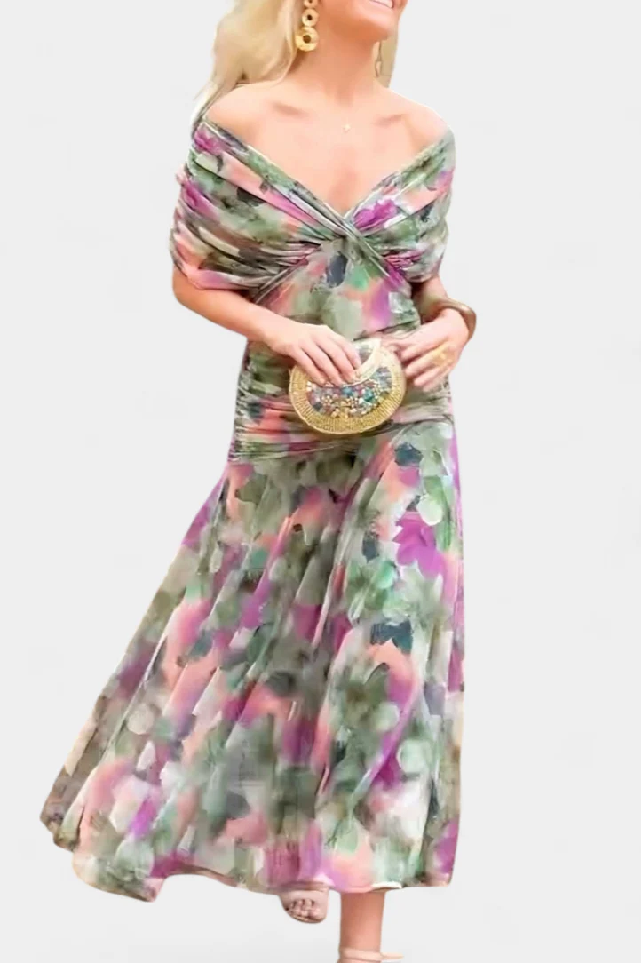 Schulterfreies gerafftes Maxikleid f��r Hochzeitsg?ste
