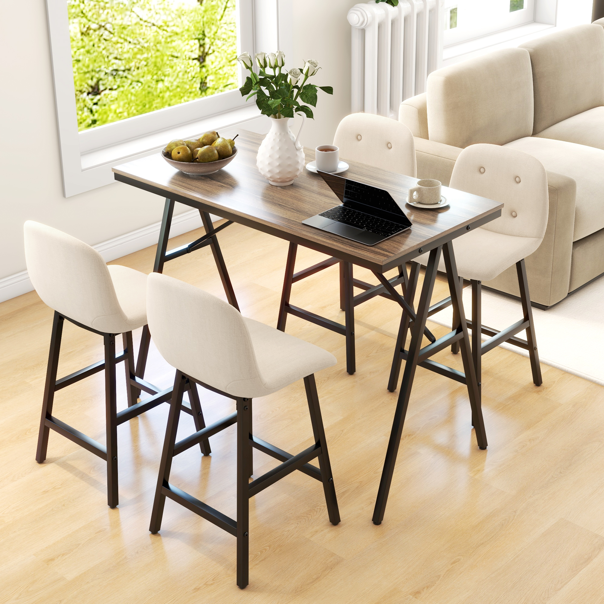 5-delige Bargarnituur, Tafel en 4 Stoelen, Knoopstiksel, Dikke Bekleding, Linnenlook, Beige