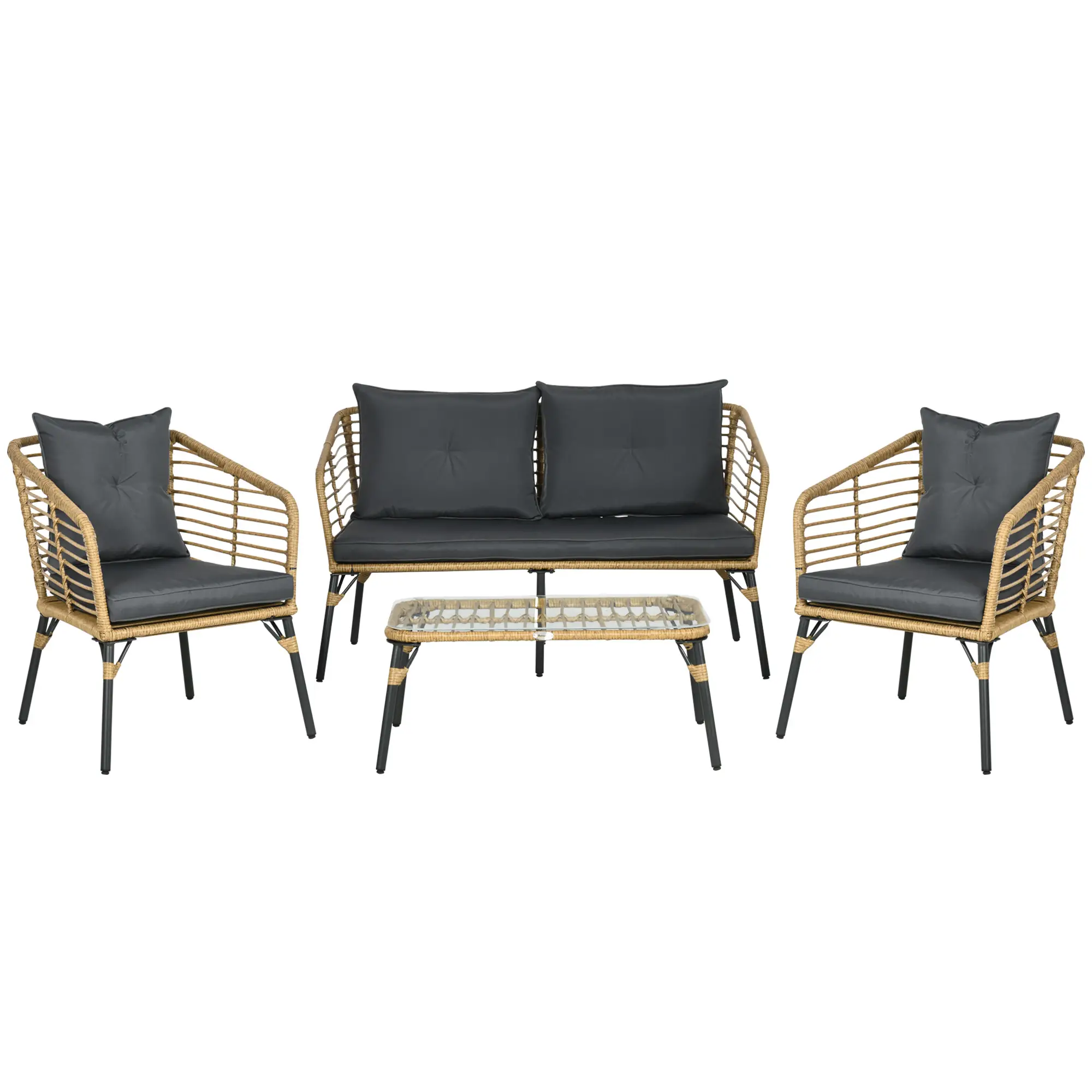 Outsunny Polyrattan Tuinbankset 4-delig. Boho-stijl Glazen Salontafel