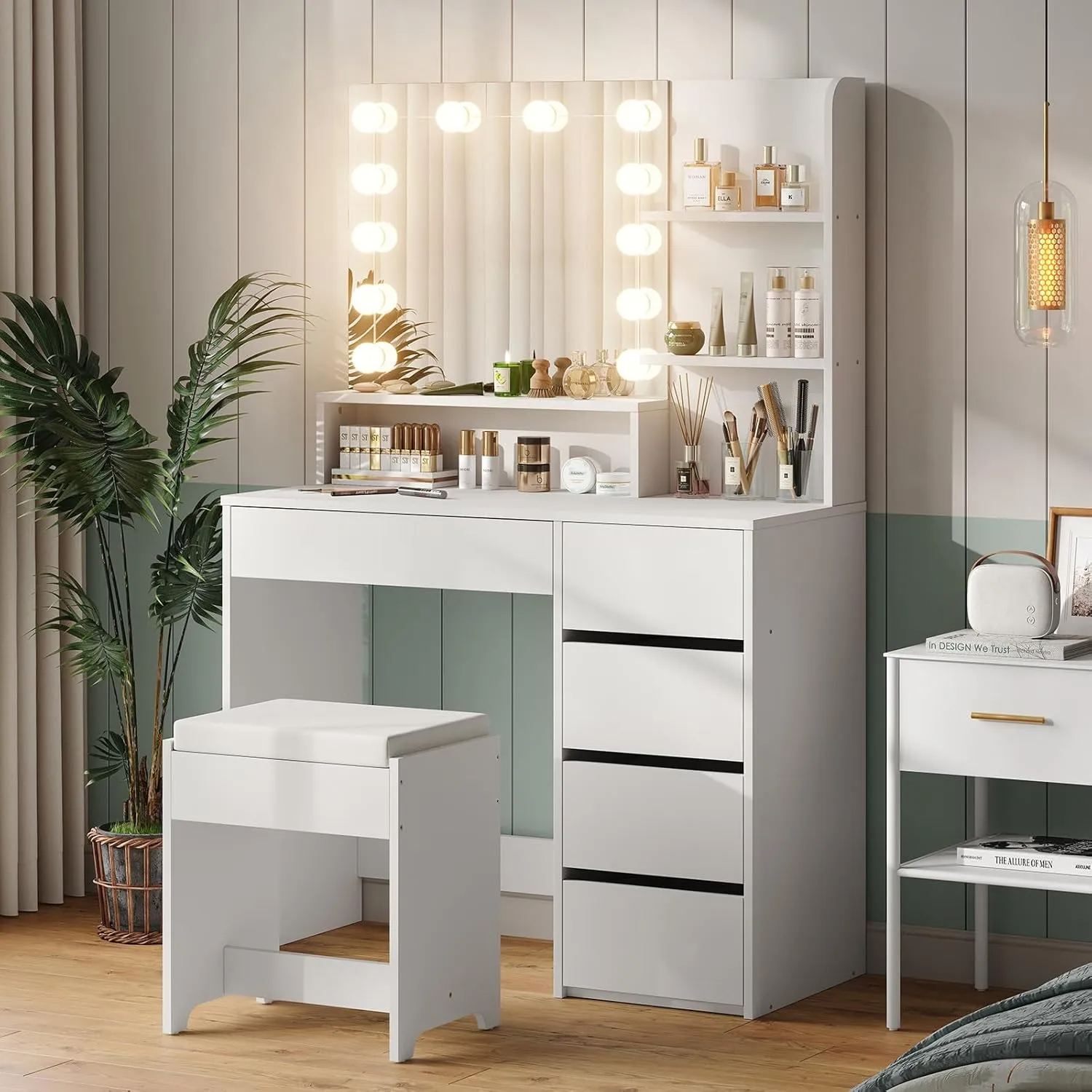Furniouse Vanity Mirror with Lights and Table Set with 5 Drawers