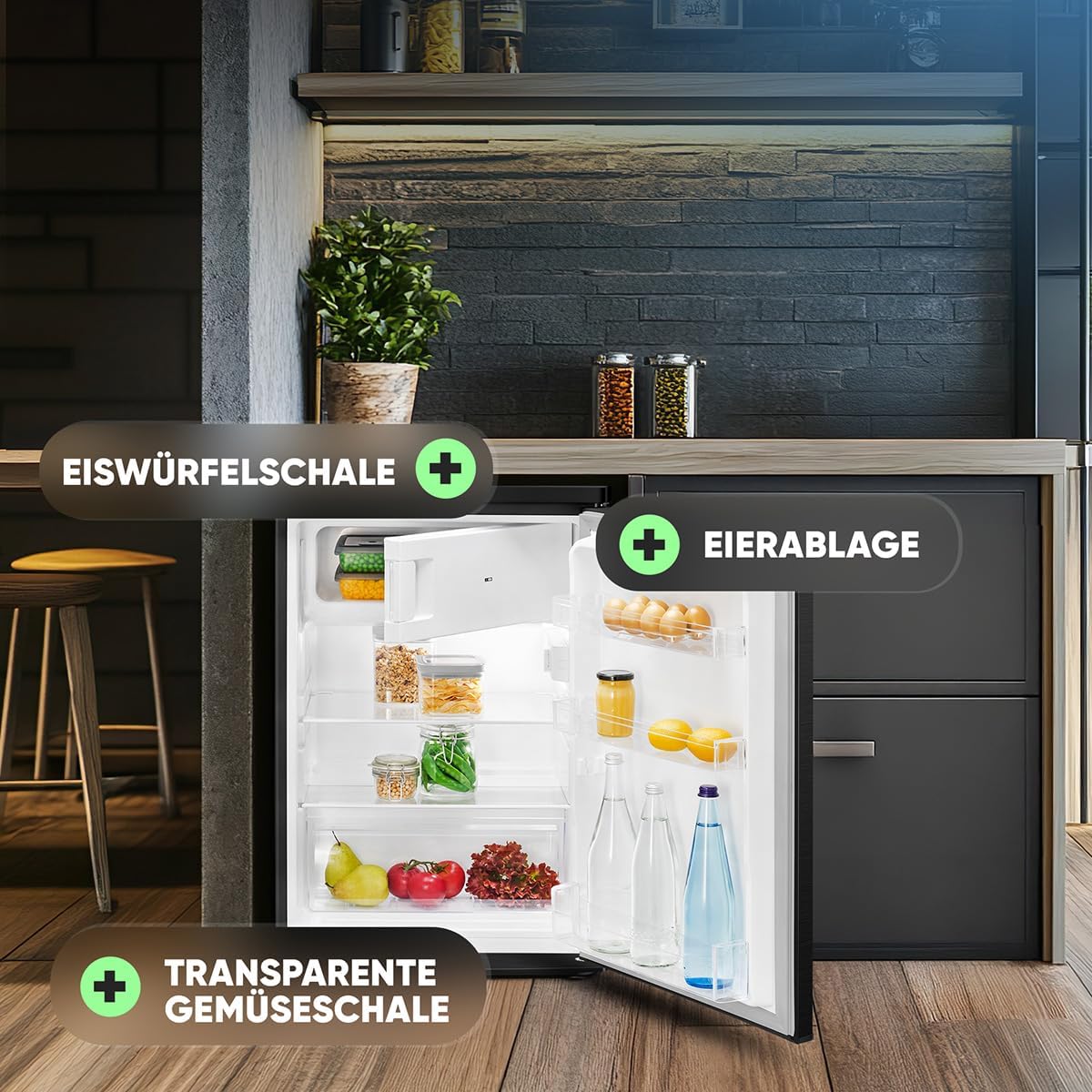 Bomann® Kühlschrank mit Gefrierfach | 109 Liter | energieeffizient, leise & kompakt | 2 Ablagen, Obst- & Gemüsefach | 4-Sterne-Gefrierfach | Türanschlag wechselbar | KS 7251 schwarz