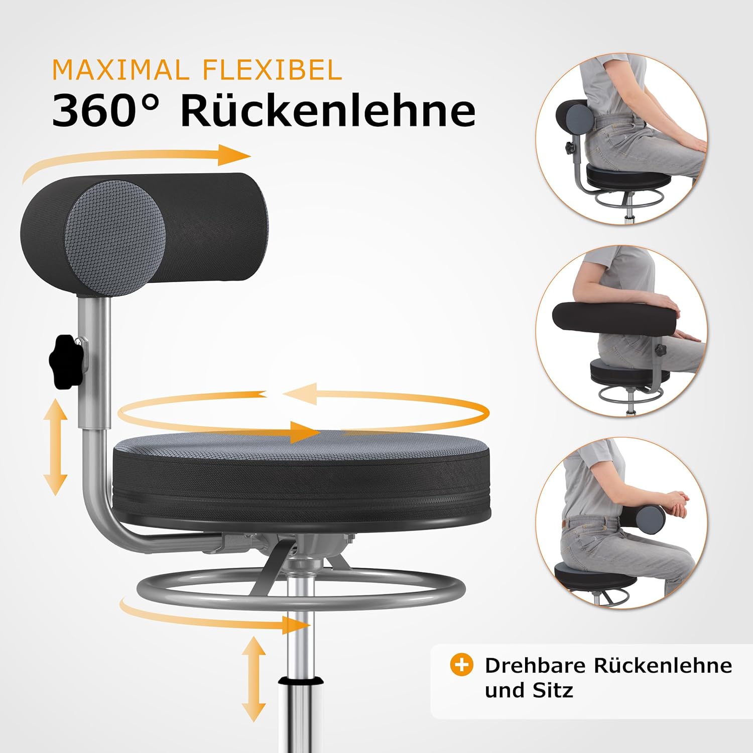 Sanus®-Gesundheitsstuhl | Rollhocker mit 360° Lehne, höhenverstellbarer Lehne, Sitzhöhe (42-51 cm), Stoffbezug grau/schwarz, Rollstopp-Rollen. Ergonomischer Bürostuhl, Erzieherstuhl