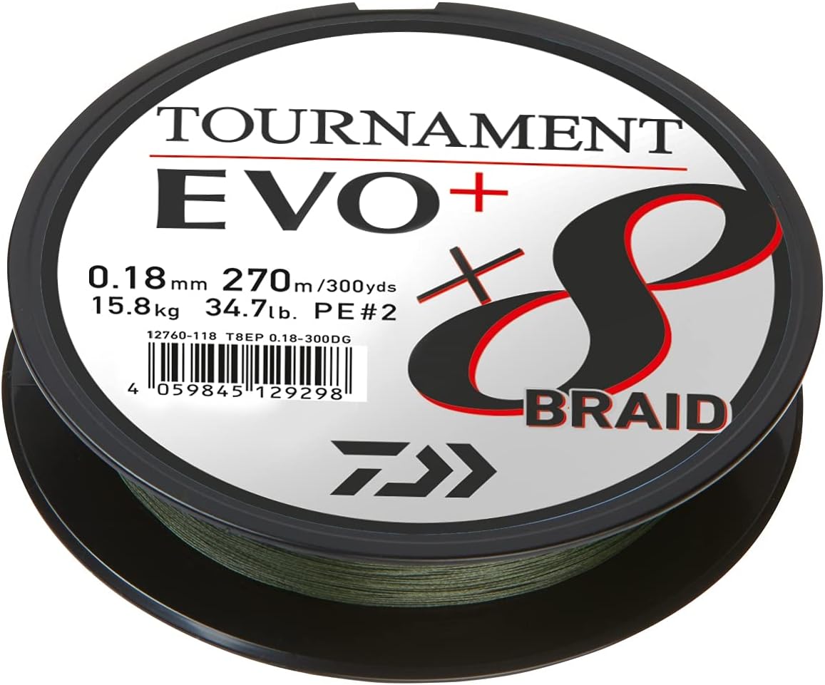 Daiwa Tournament x8 Braid EVO+ 0.12mm, 8.6kg/18.8Lbs, 900m, Dunkelgrün, Geflochtene Angelschnur, 12760-212