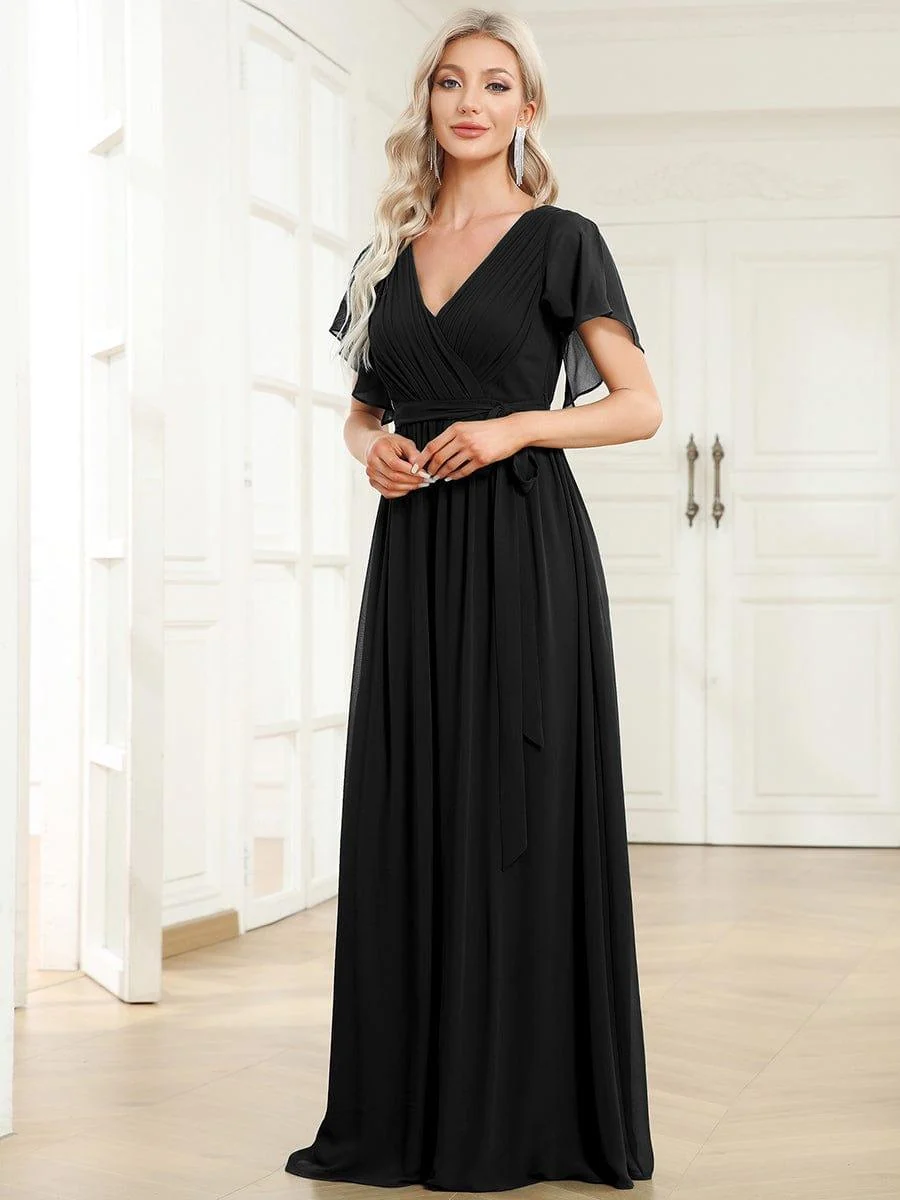 Abendkleid Damen Maxi A-Linie aus Chiffon | Festliches Kleid f��r Hochzeitsg?ste mit V-Ausschnitt und Fl��gel?rmeln