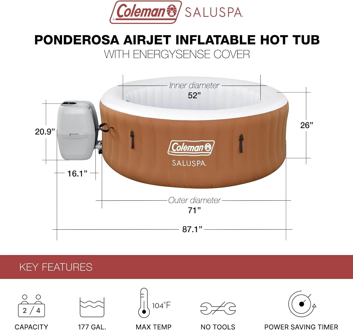 Coleman SaluSpa Miami AirJet 2 to 4 Person Round Inflatable Hot Tub Portable Outdoor Spa with 120 Soothing AirJets and Insulated Cover. Black