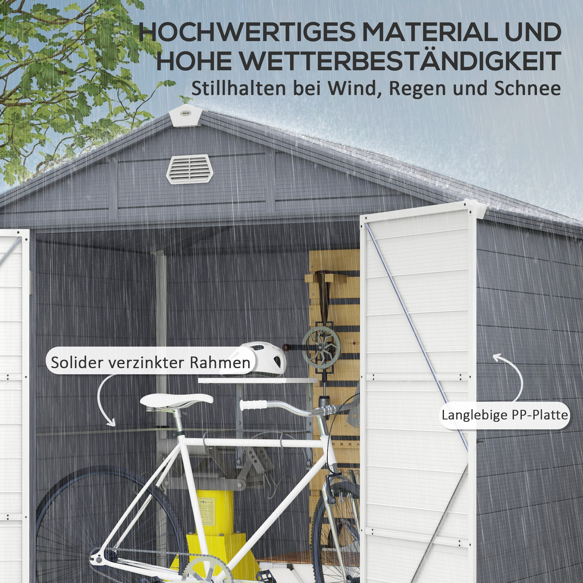 Outsunny Tuinhuis, Tuinschuur met Ventilatieraam, Kunststof, Metaal, 240 x 190 x 180/228, Grijs