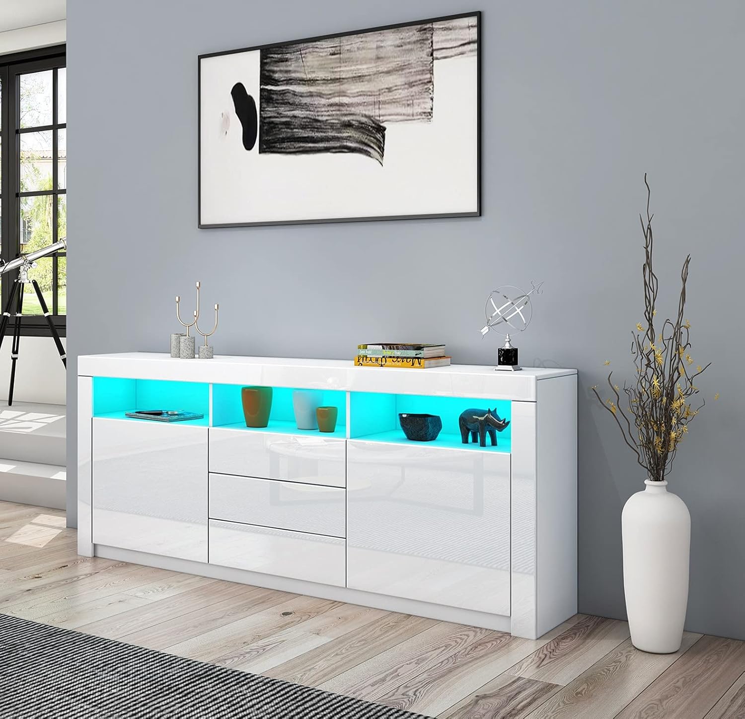 Sideboard Hochglanz Matt Anrichte Schrank mit 2 Türen 3 Schubladen & LED Beleuchtung TV Lowboard Für Esszimmer Wohnzimmer Möbel Weiß