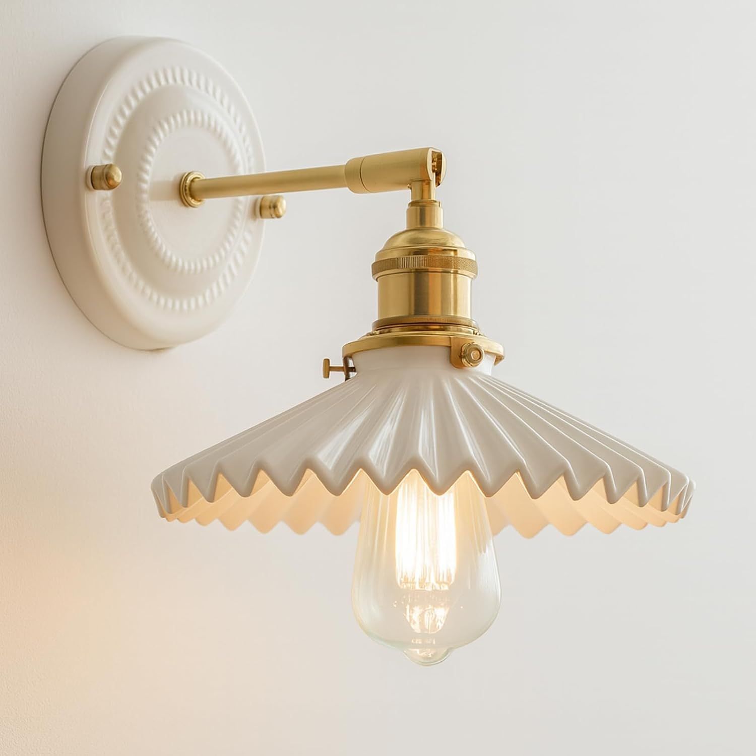 Modern Brass Wall Lamp with Adjustable Arm and Pleated Ceramic Shade