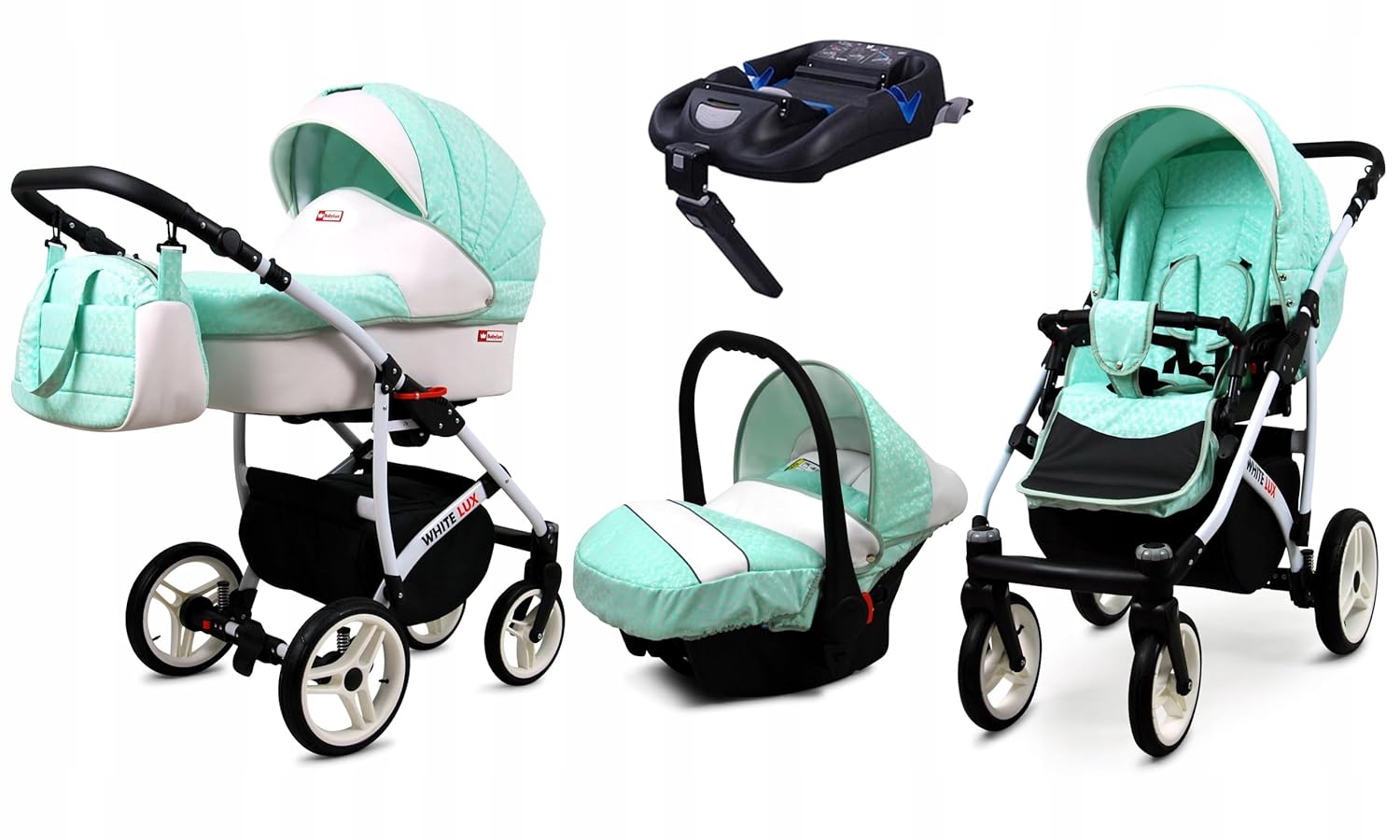 BabyLux® Bambimo Kinderwagen Set 3 in 1 - White Lux - incl. Babywanne, Buggy Sportsitz, Auto-Babyschale - Autositz - Kinderwagenset - Kombikinderwagen mit Wickeltasche, Regenschutz usw.