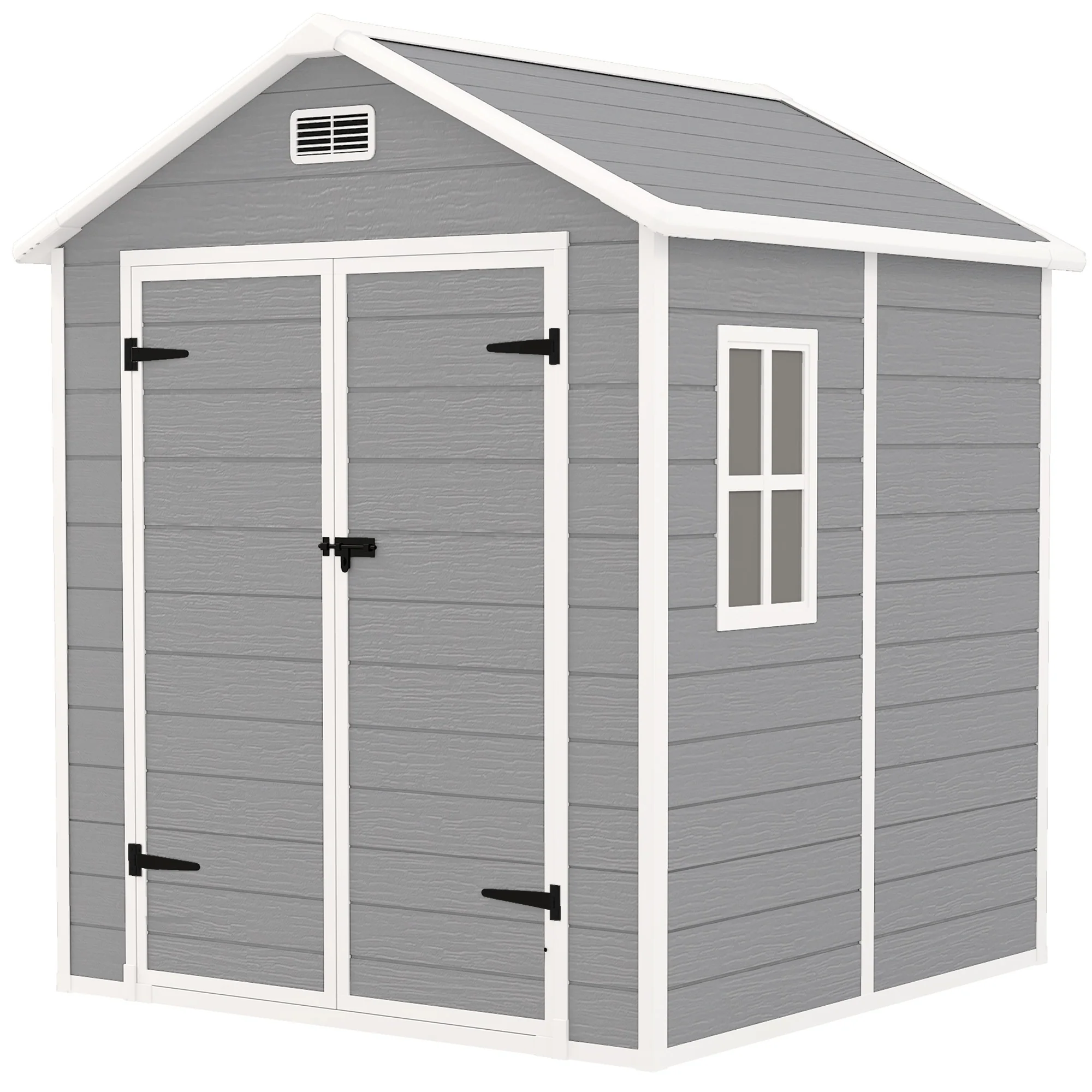 Outsunny Tuinschuur, Gereedschapsschuur met Bodem, Afsluitbare Deuren, Ventilatieopeningen, Venster, Houtlook, Kunststof, Grijs