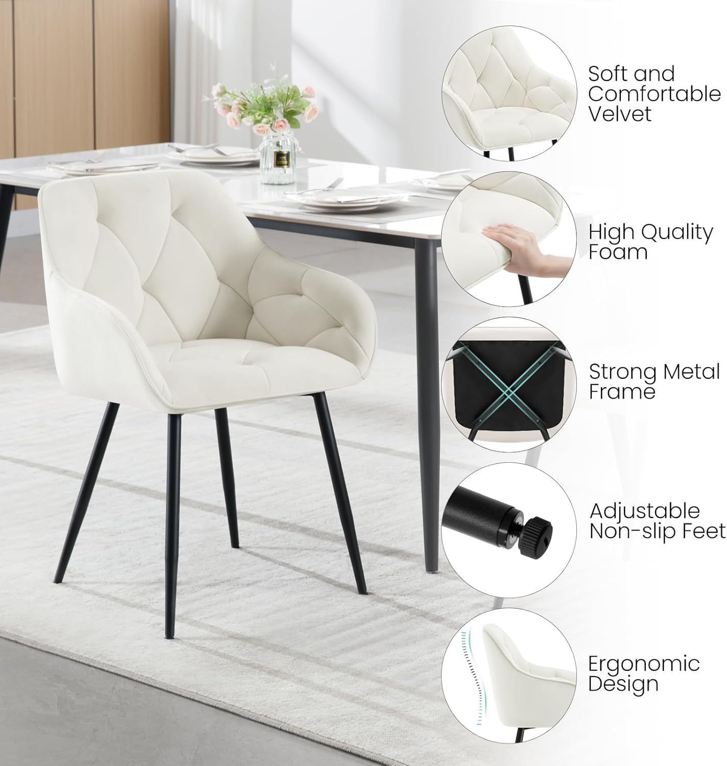 WOLTU Esszimmerstühle 2er Set, für Esszimmer Wohnzimmer, ergonomische Küchenstühle gepolstert mit Armlehnen, Metallbeinen, Sitzfläche aus Samt, Cremeweiß